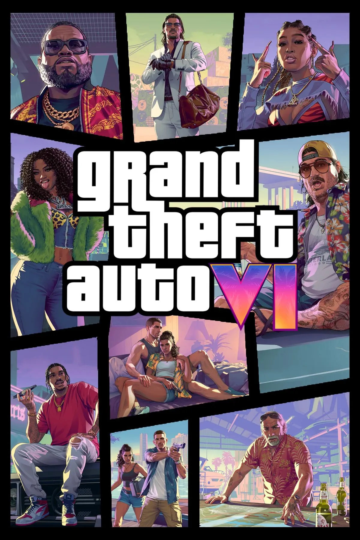 Bìa game Grand Theft Auto 6 (GTA 6) với hình ảnh Lucia và Jason trên nền Vice City rực rỡ, biểu tượng của tựa game bom tấn được mong đợi nhất năm 2025.