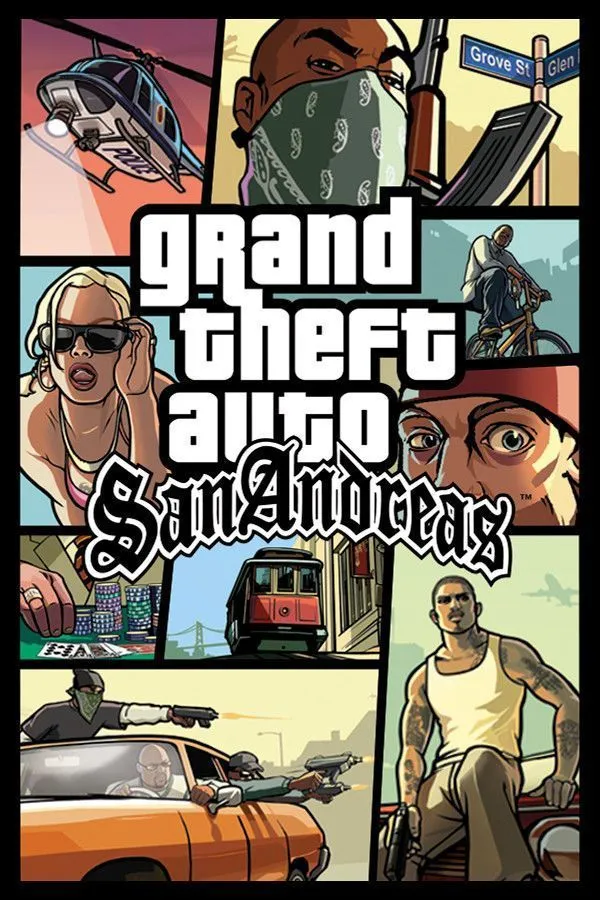 Bìa game Grand Theft Auto: San Andreas với hình ảnh các nhân vật chính và bối cảnh thành phố Los Santos