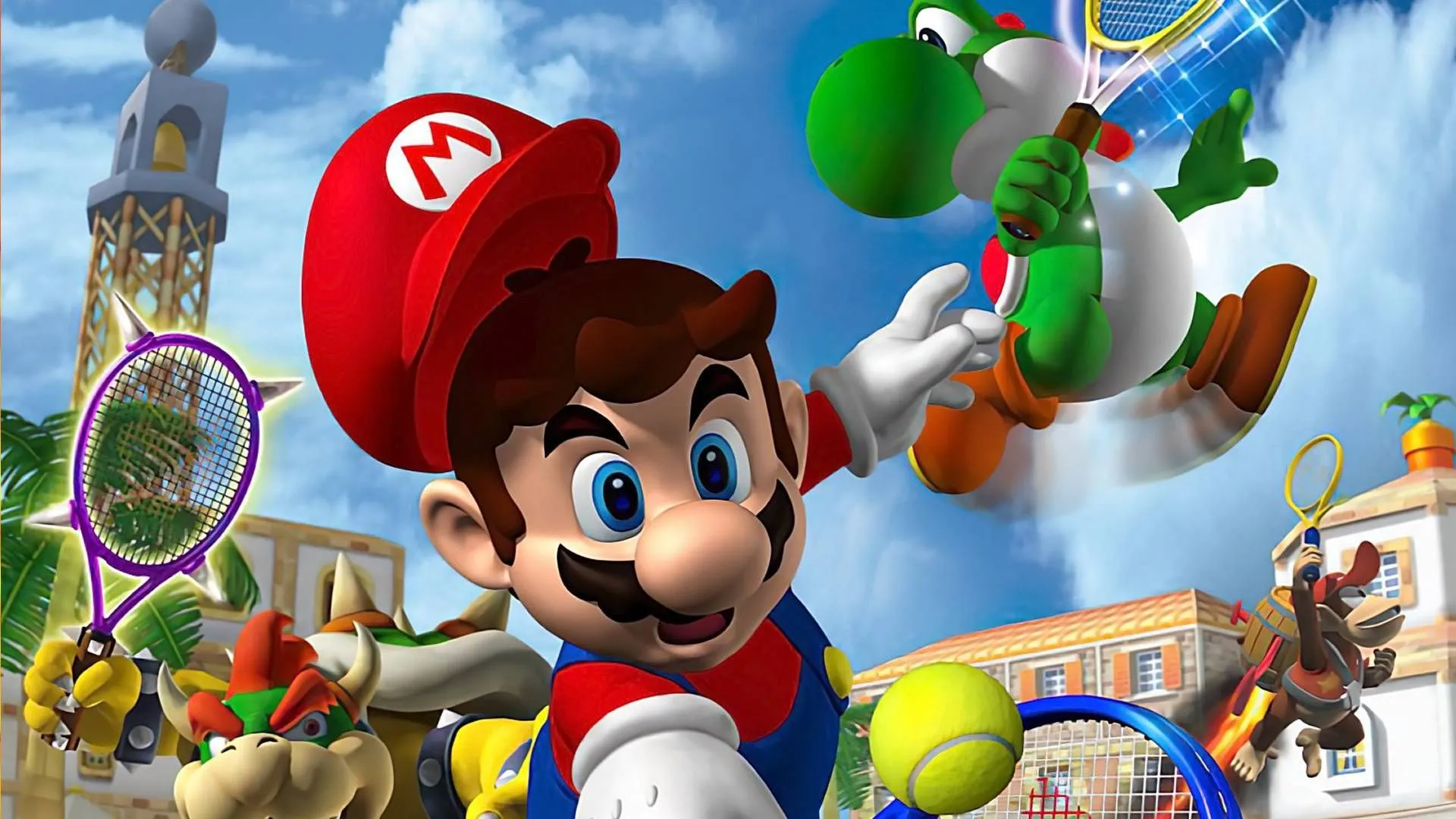 Bìa game Mario Power Tennis trên GameCube với các nhân vật Mario như Bowser, Yoshi, Diddy Kong