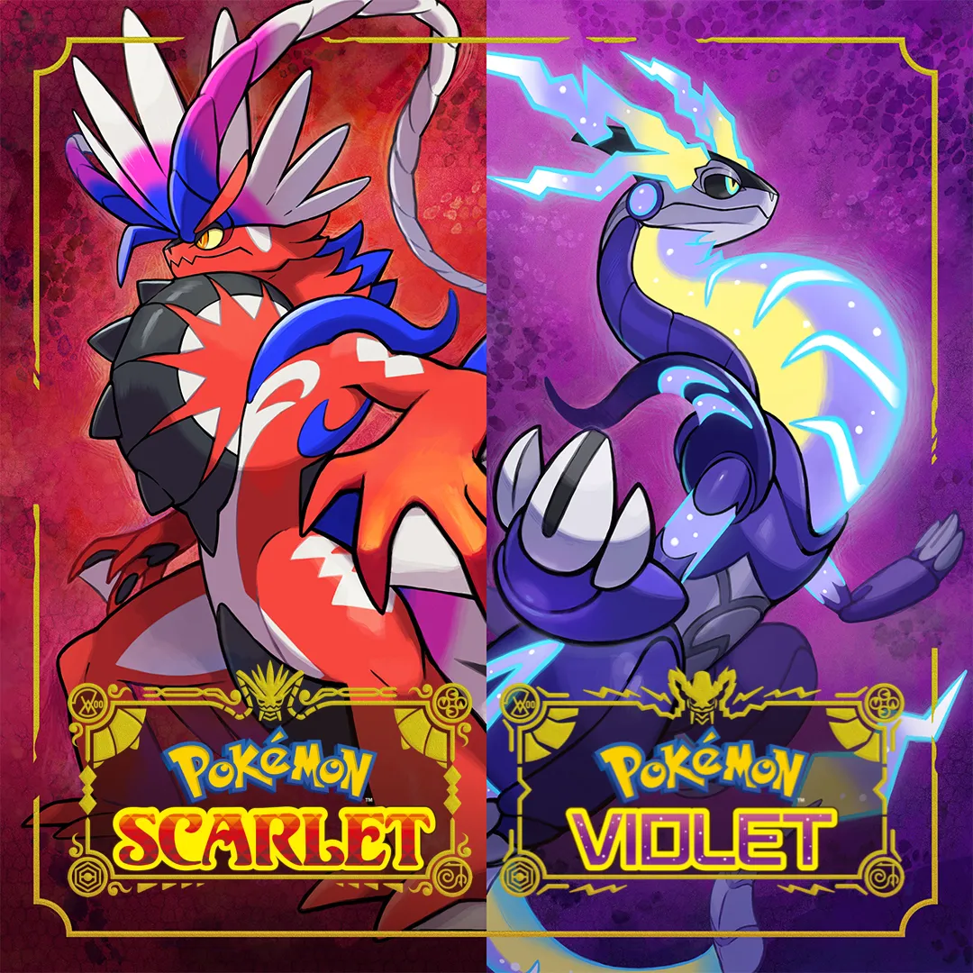 Bìa game Pokémon Scarlet và Violet trên Nintendo Switch 2 với hai Pokémon huyền thoại Koraidon và Miraidon.