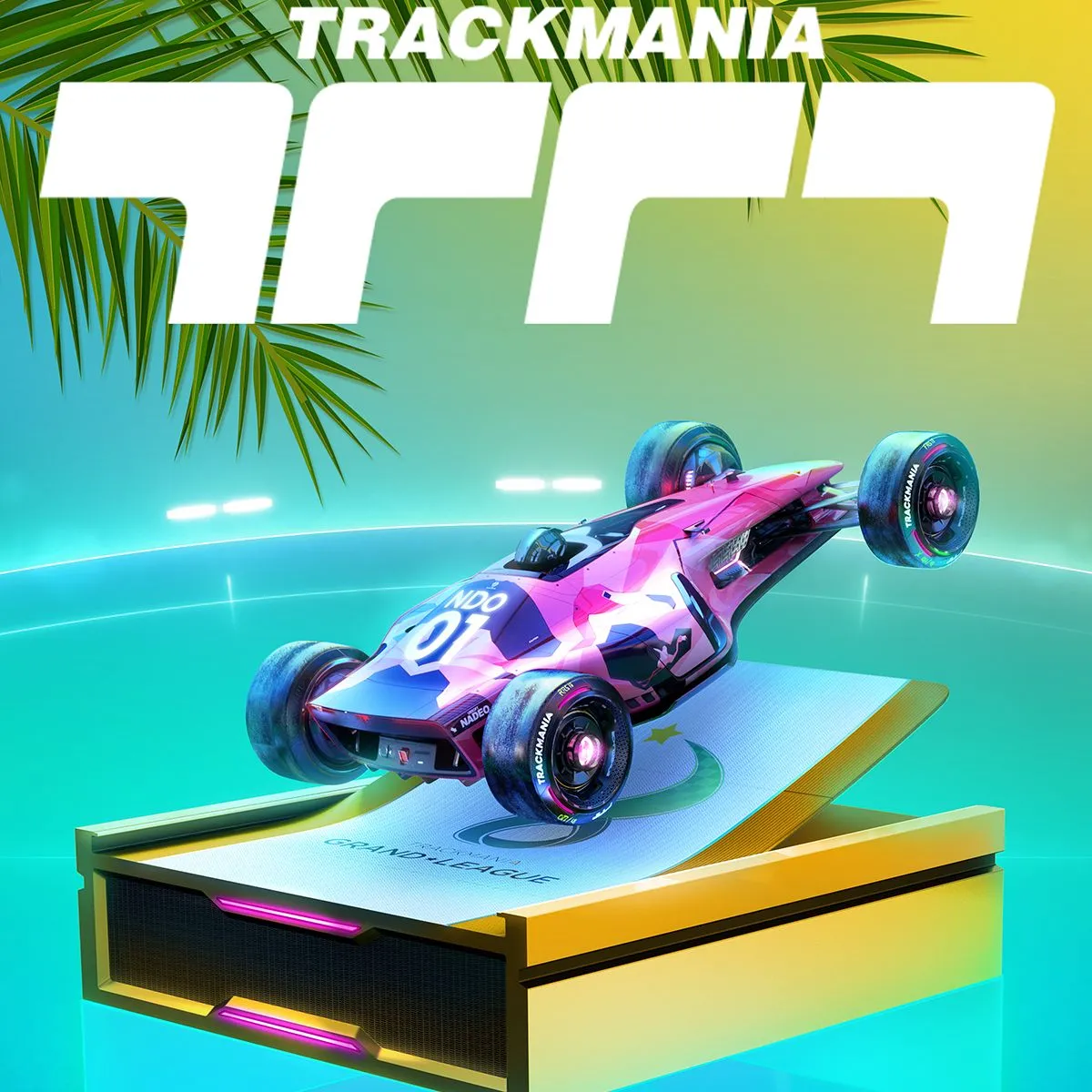 Bìa game Trackmania, hiển thị chiếc xe đua tốc độ trên đường đua mạo hiểm với nhiều khúc cua và nhảy.