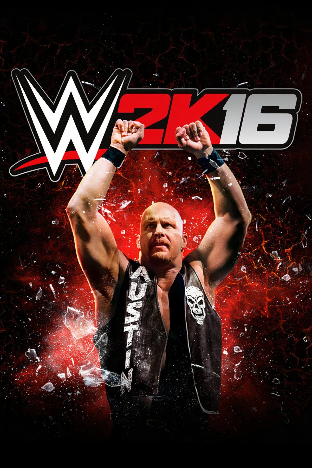 Bìa game WWE 2K16 với siêu sao đấu vật Stone Cold Steve Austin