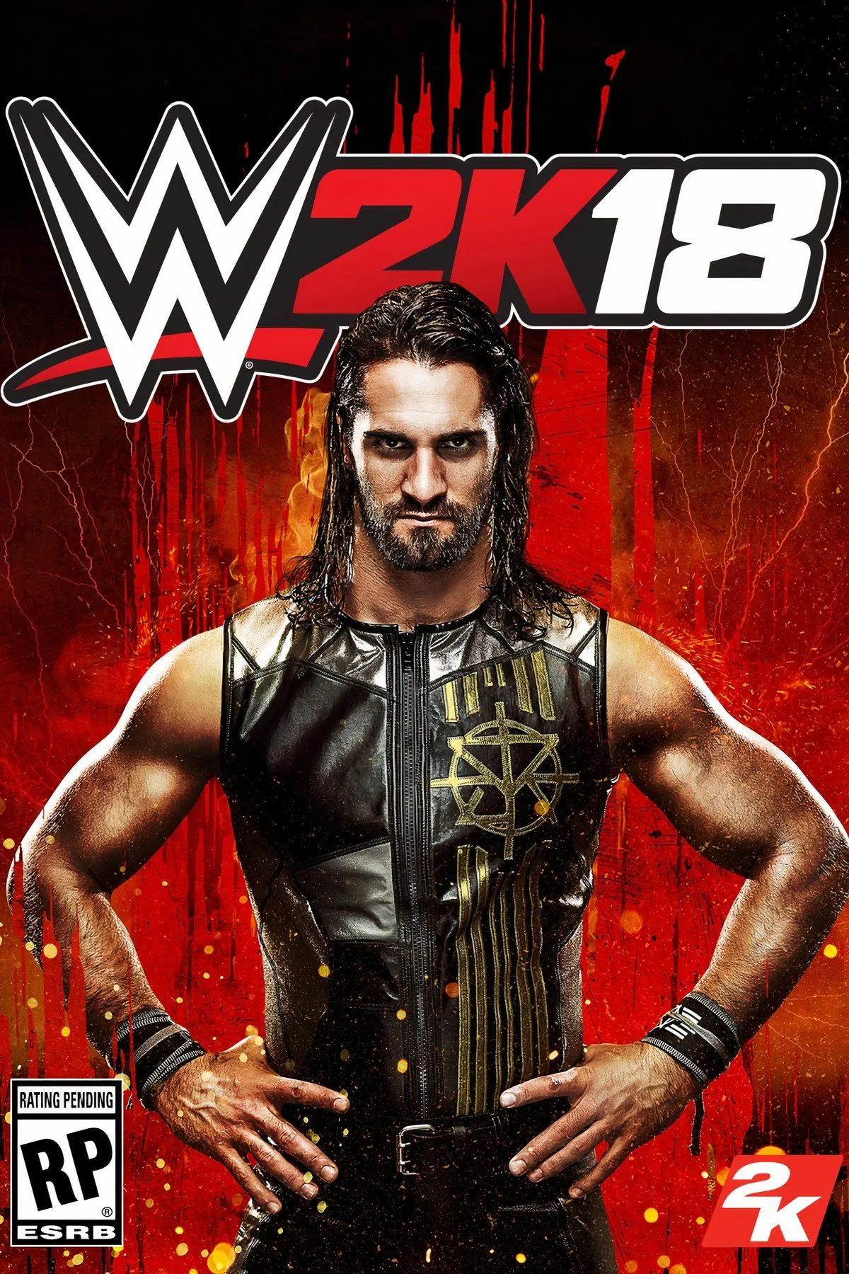 Bìa game WWE 2K18 với Seth Rollins trên nền lửa