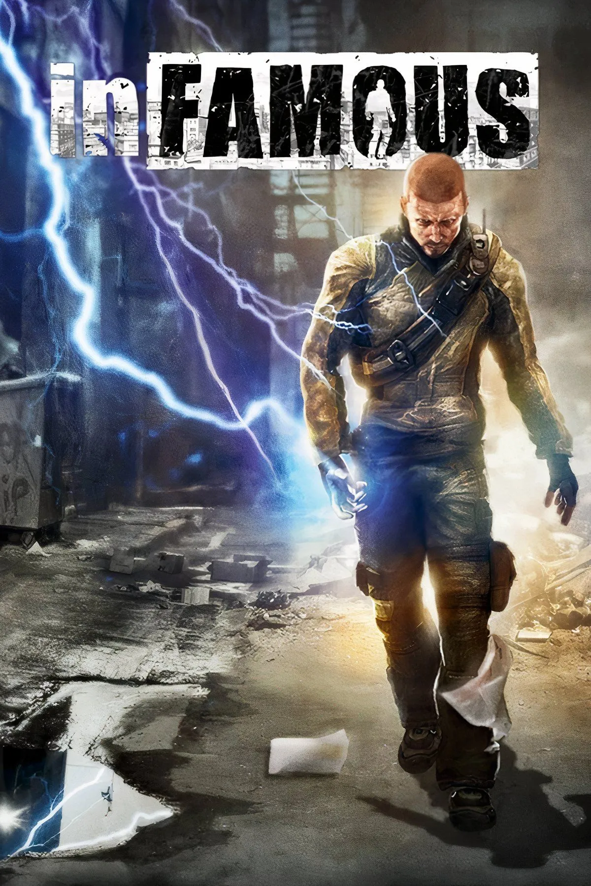 Bìa nghệ thuật của dòng game Infamous, hiển thị nhân vật chính Cole MacGrath