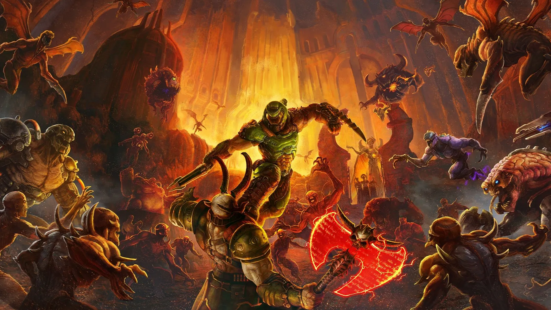 Bìa nghệ thuật của Doom Eternal với Doom Slayer và các con quỷ
