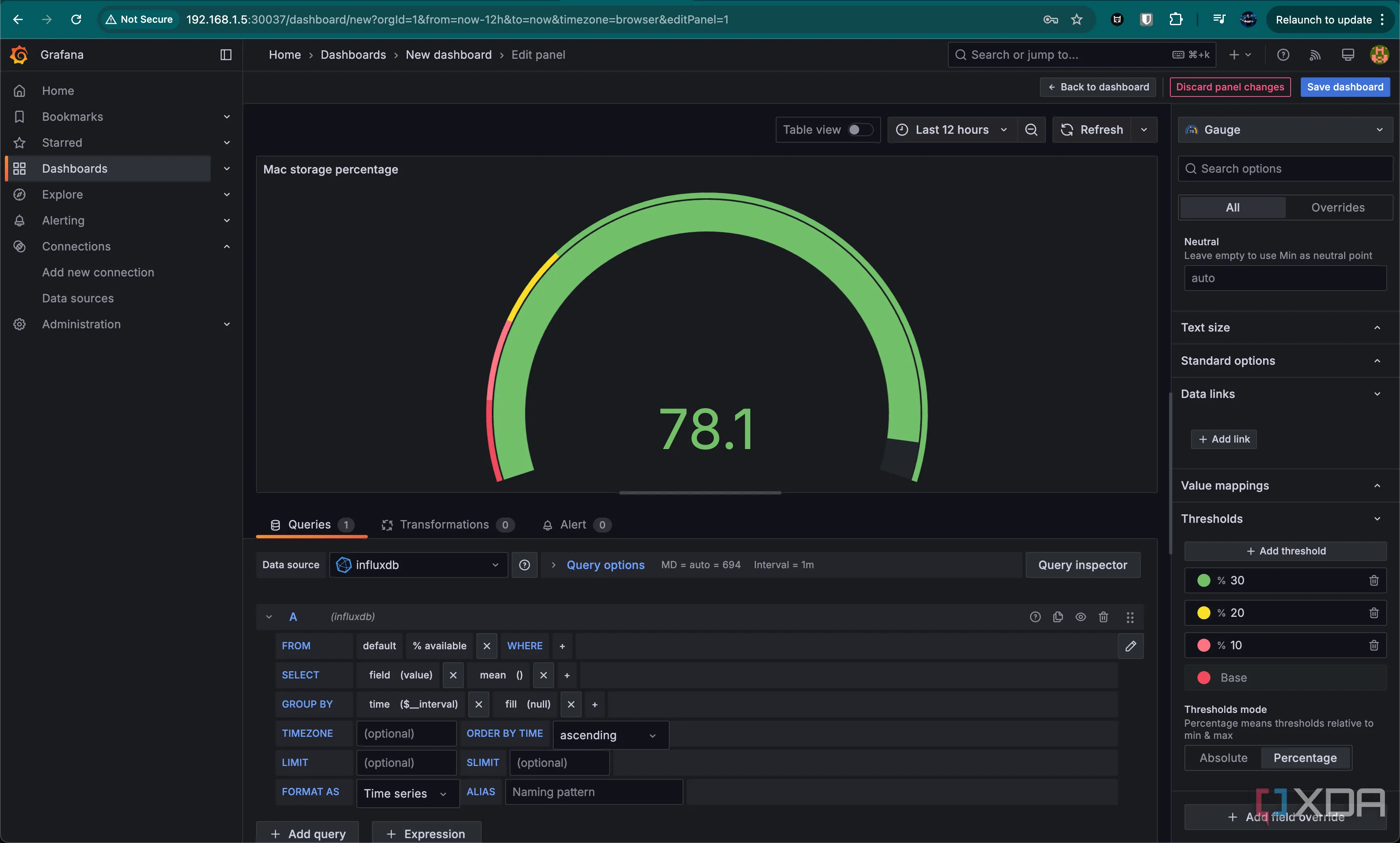 Biểu đồ dạng kim (Gauge) đã hoàn thiện trong Grafana, hiển thị mức lưu trữ với các màu sắc ngưỡng.