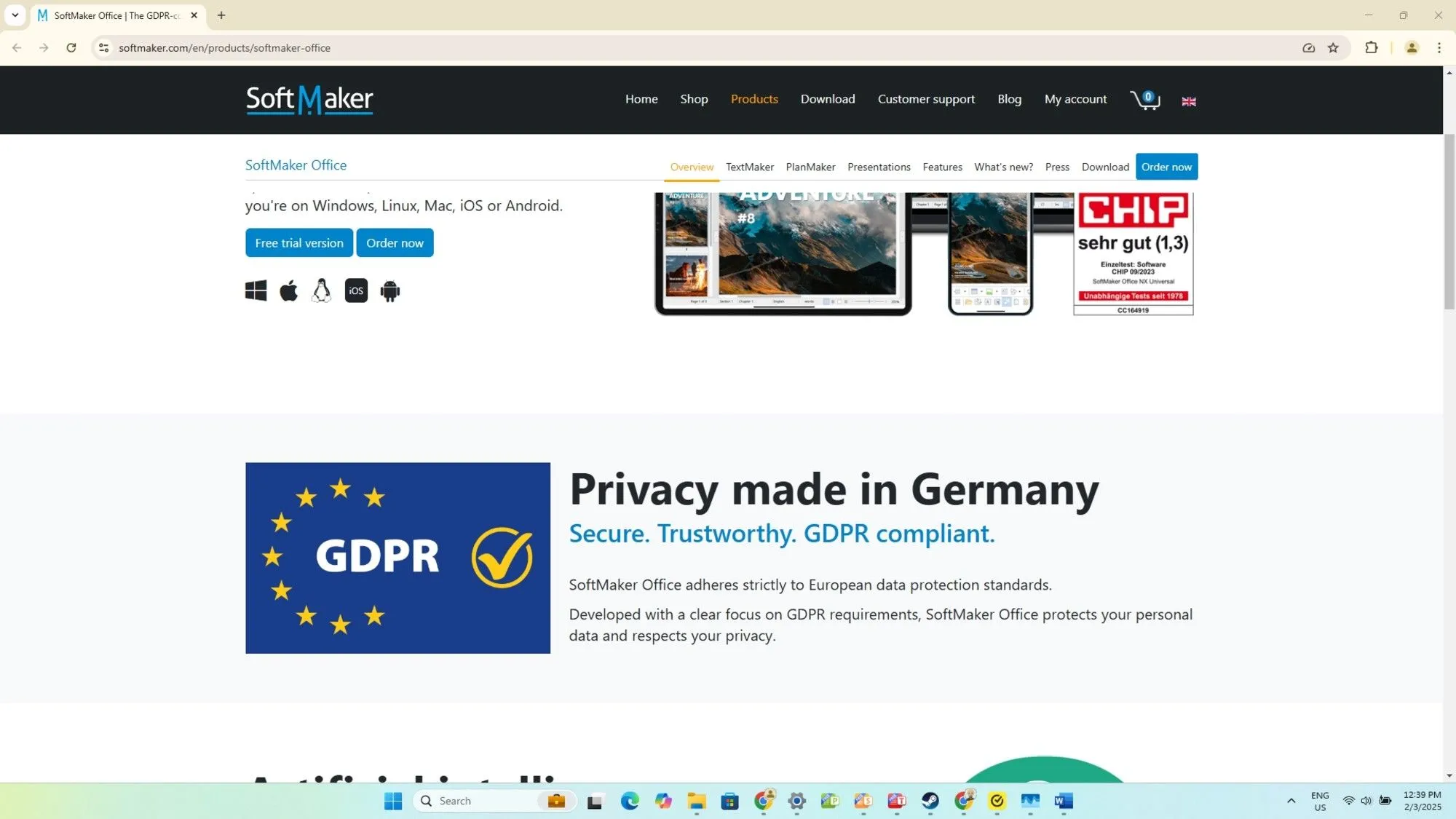 Biểu tượng FreeOffice và chứng nhận GDPR, thể hiện cam kết bảo mật dữ liệu