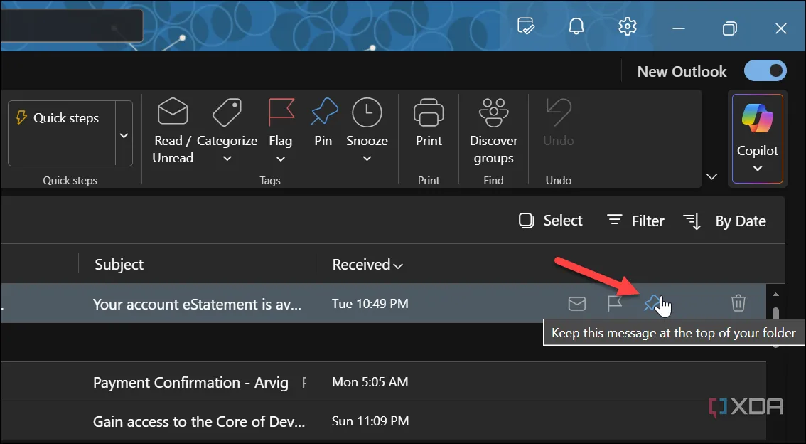 Biểu tượng ghim email trong giao diện Outlook mới để đánh dấu tin nhắn quan trọng