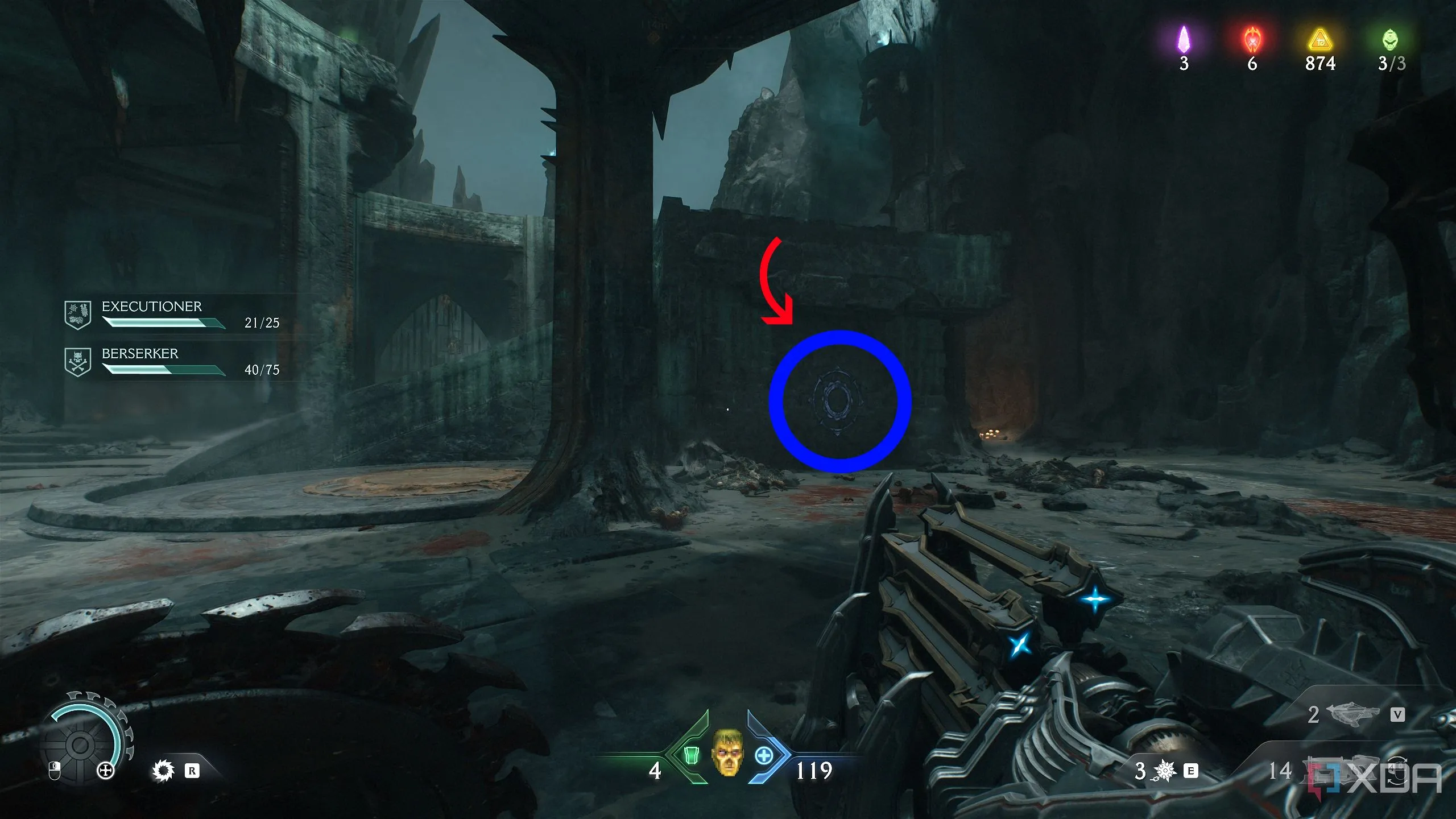 Biểu tượng khiên trên tường gần cầu thang xoắn ốc trong Chapter 19 Doom: The Dark Ages