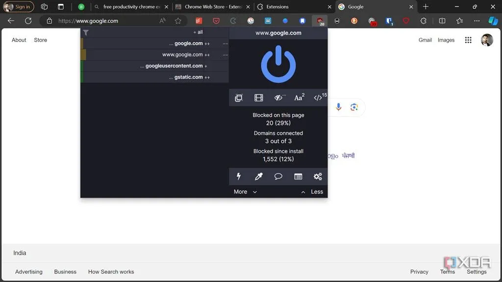 Biểu tượng tiện ích chặn quảng cáo uBlock Origin, giúp ngăn chặn website độc hại và pop-up lừa đảo.