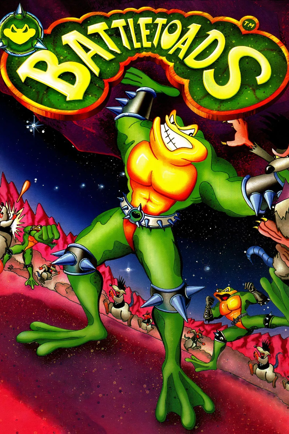 Bộ ba Battletoads Zitz, Rash và Pimple trong cảnh hành động đặc trưng của game đối đầu với kẻ thù