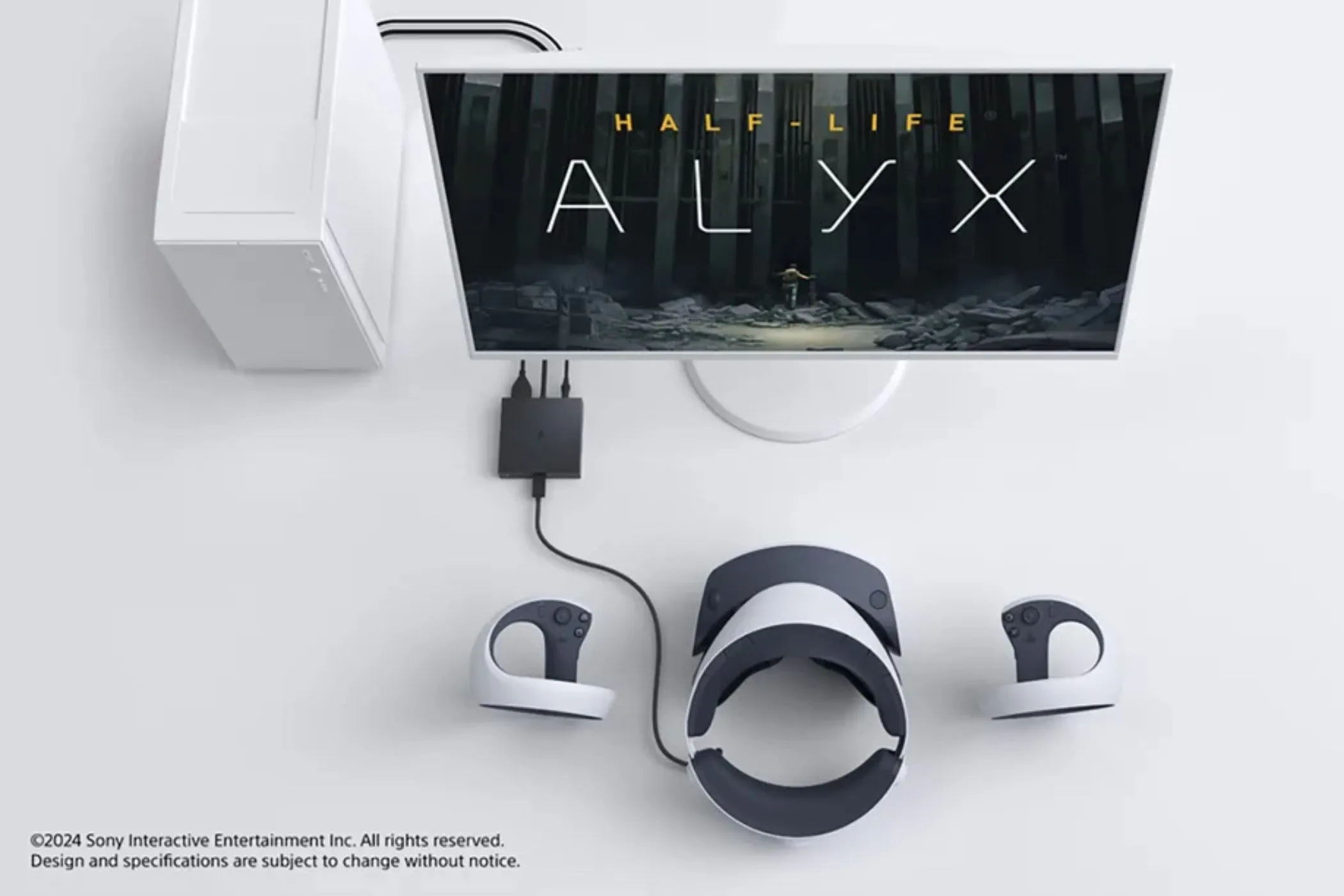 Bộ điều hợp PlayStation VR2 kết nối với PC đang chơi Half-Life: Alyx, minh họa cho trải nghiệm VR