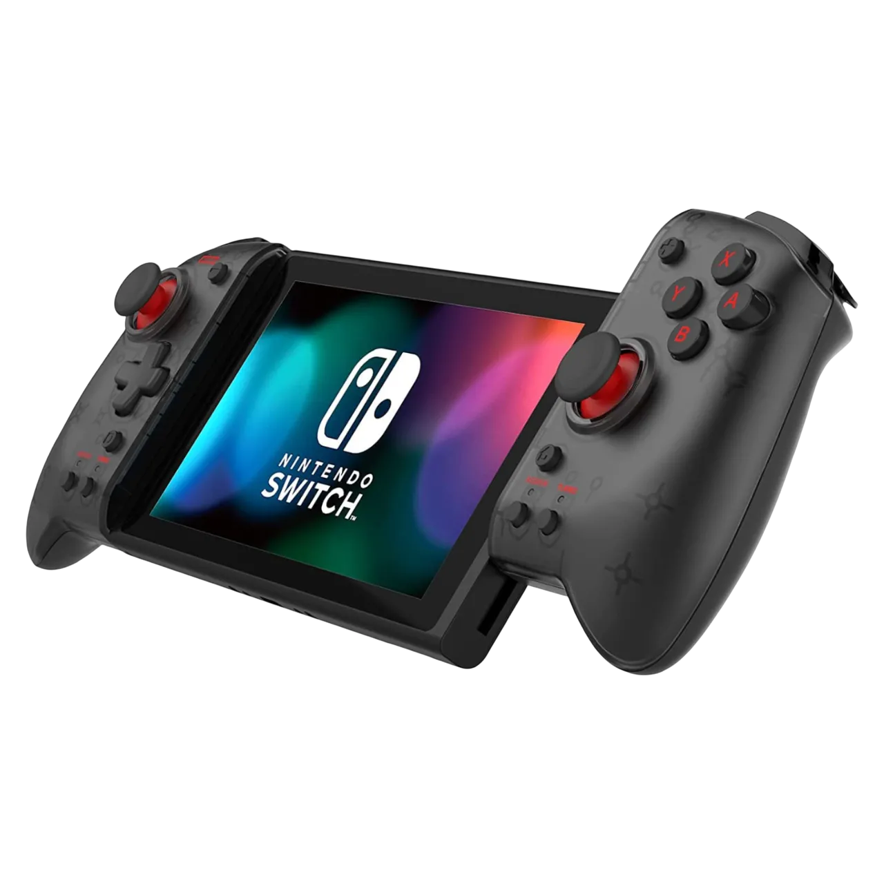 Bộ điều khiển Hori Split Pad Pro Attachment Set màu đen gắn trên máy Nintendo Switch, hiển thị tay cầm công thái học lớn hơn Joy-Con gốc.