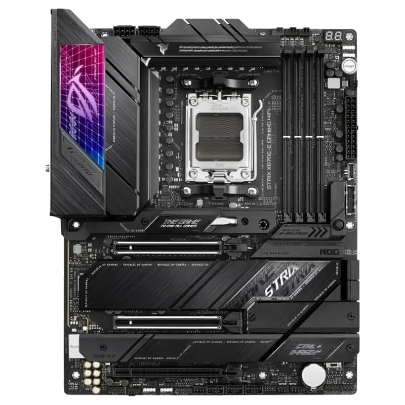 Bo mạch chủ ASUS ROG Strix X670E-E Gaming WiFi với tản nhiệt VRM lớn và các khe cắm PCIe 5.0