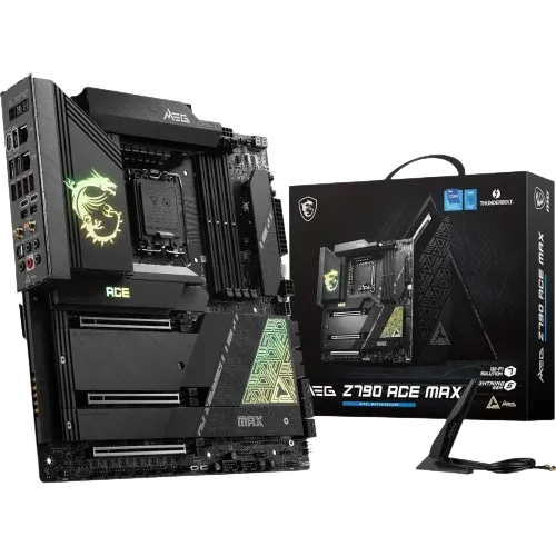Bo mạch chủ MSI MEG Z790 ACE MAX E-ATX bên cạnh hộp bán lẻ