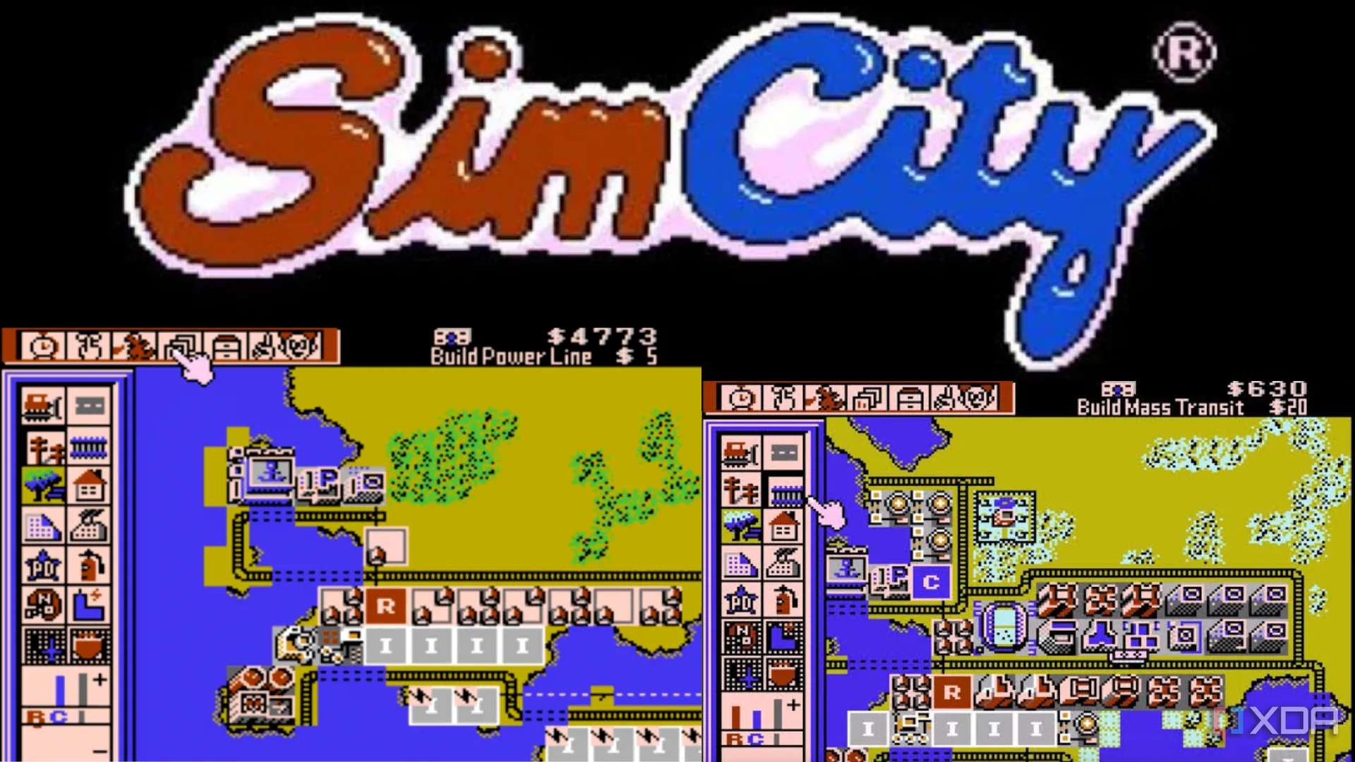Bộ sưu tập ảnh chụp màn hình game SimCity trên SNES với logo biểu tượng