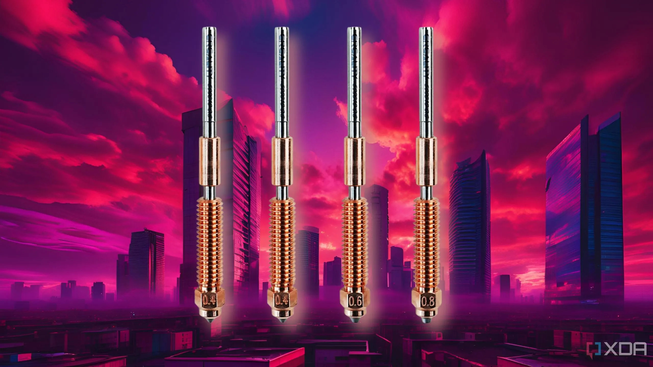 Bộ sưu tập các vòi phun máy in 3D với đường kính khác nhau, ảnh hưởng đến tốc độ và chi tiết in.