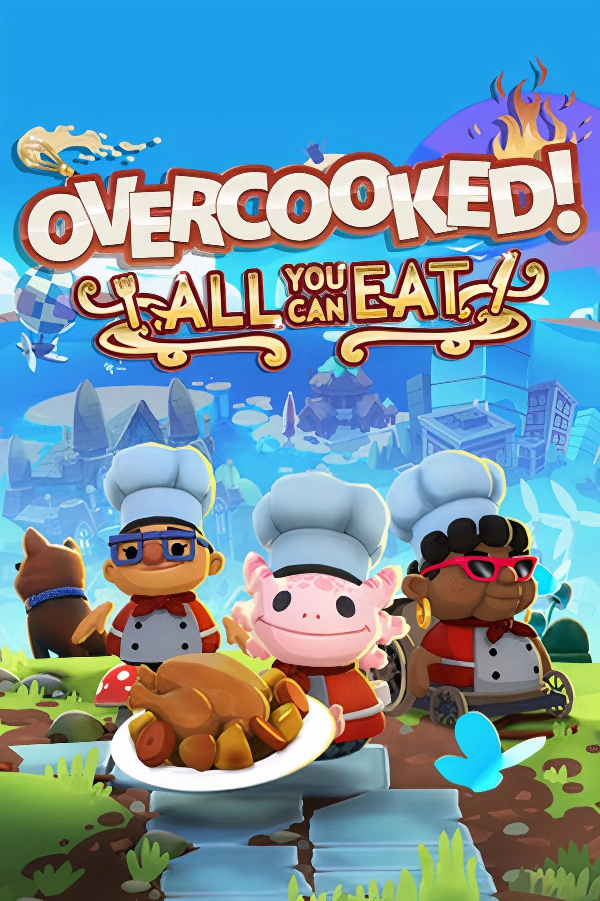 Bối cảnh hỗn loạn trong Overcooked: All You Can Eat với các đầu bếp tí hon đang phục vụ món ăn