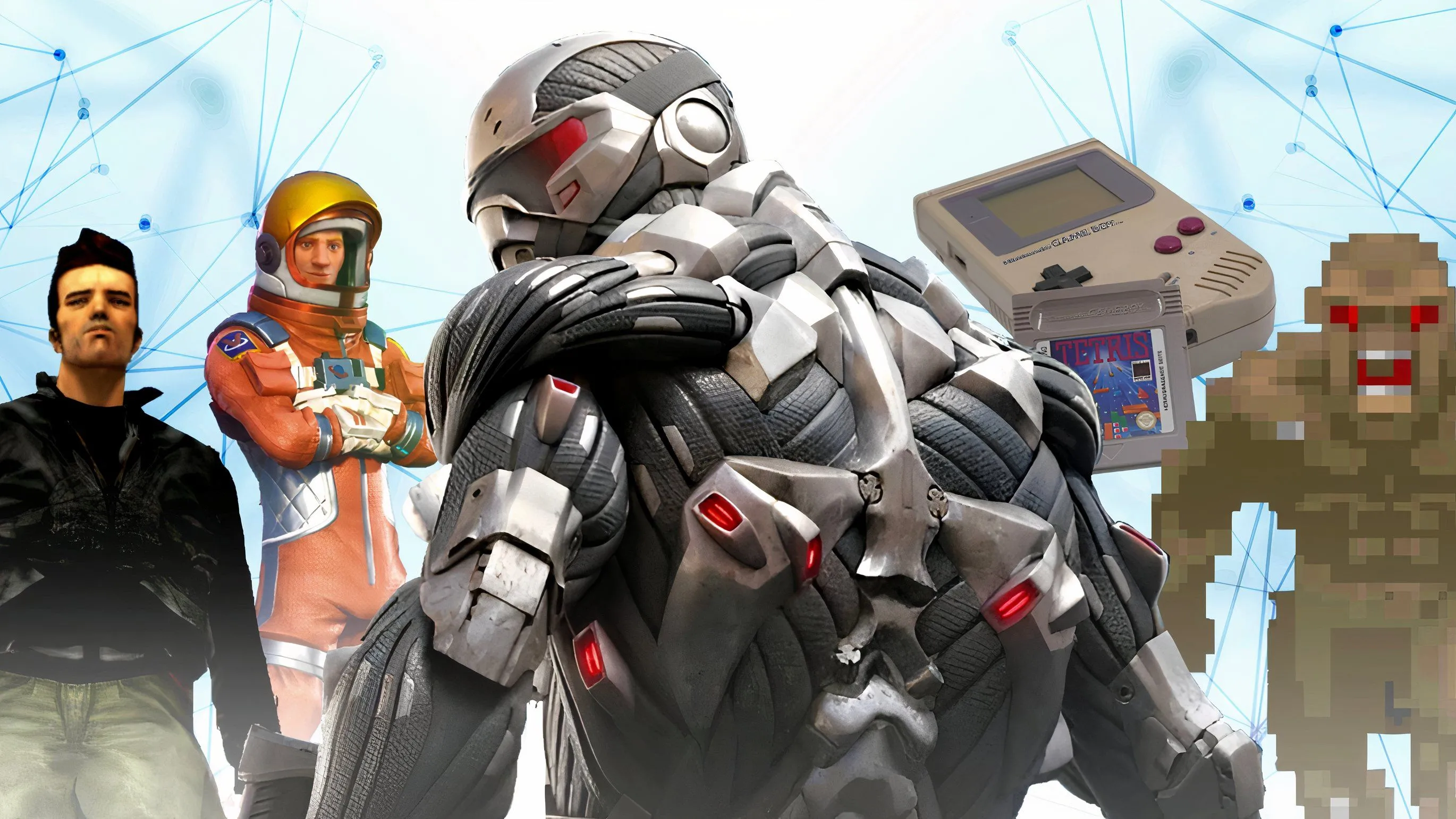 Bức ảnh thể hiện sự đa dạng của các tựa game quan trọng trong lịch sử ngành công nghiệp game, với logo GTA 3 nổi bật ở trung tâm.