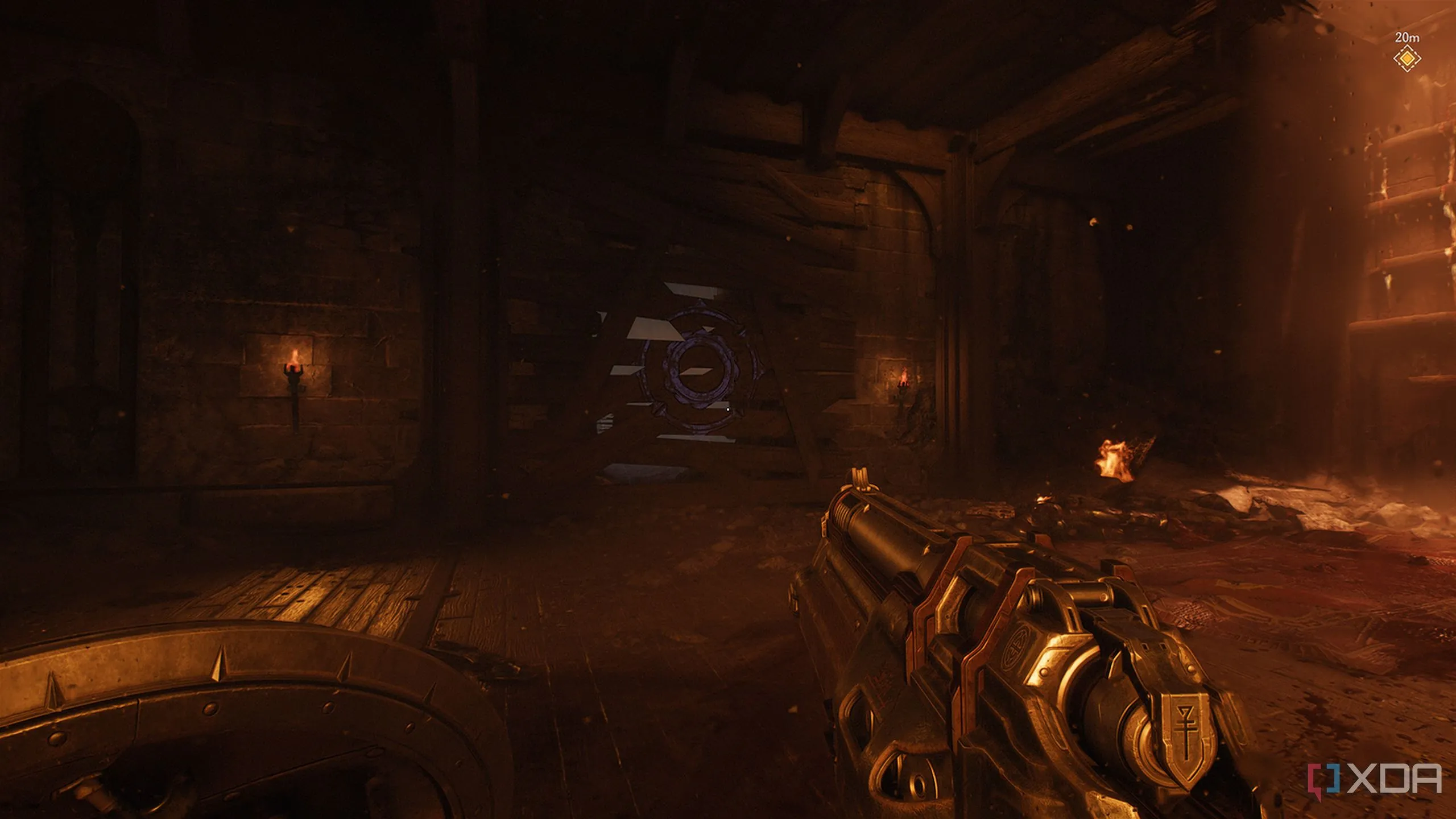 Bức tường gỗ có biểu tượng khiên có thể phá vỡ để vào khu vực bí mật đầu tiên trong Doom The Dark Ages