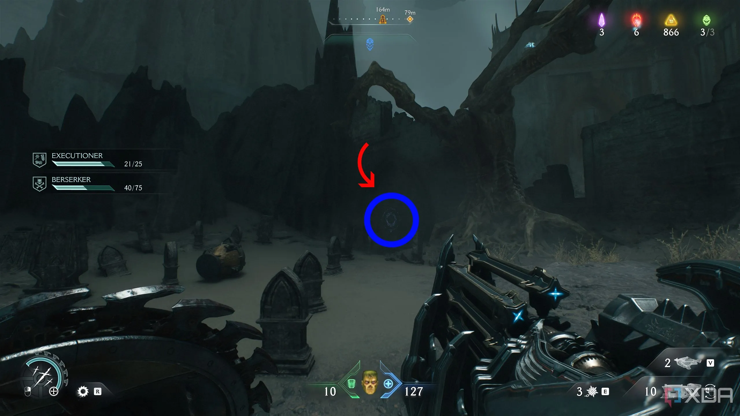 Bức tường gỗ có biểu tượng Shield Charge gần cây xương trong Chapter 19 Doom: The Dark Ages