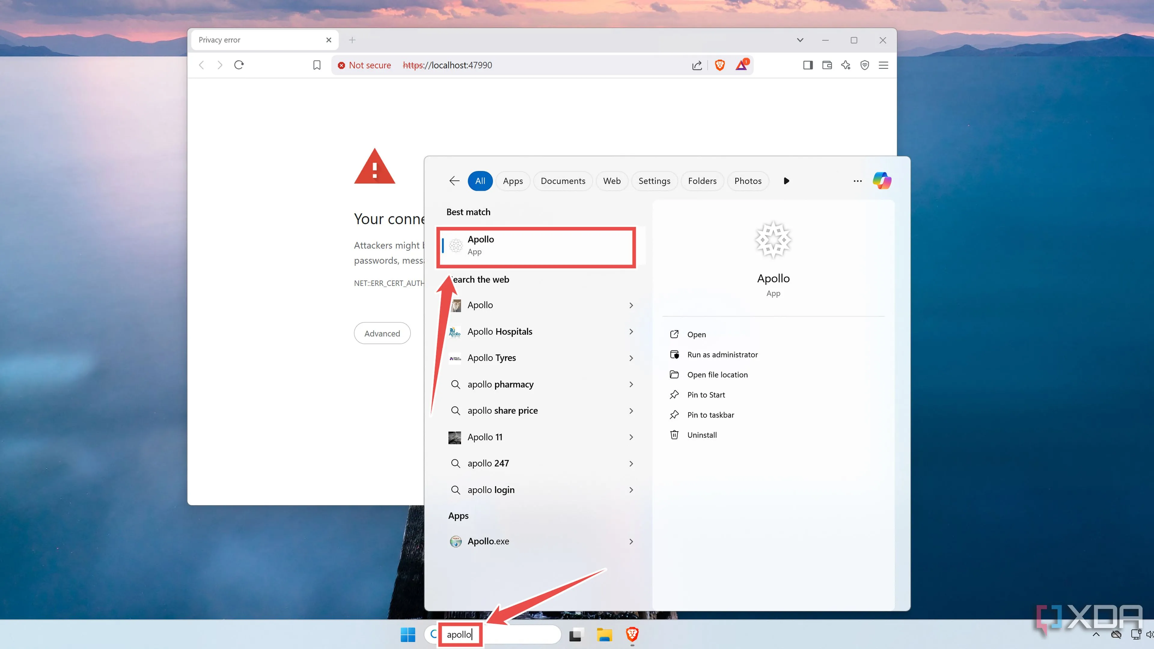 Các bước khởi chạy Apollo server từ thanh tìm kiếm Windows để bắt đầu cấu hình stream game