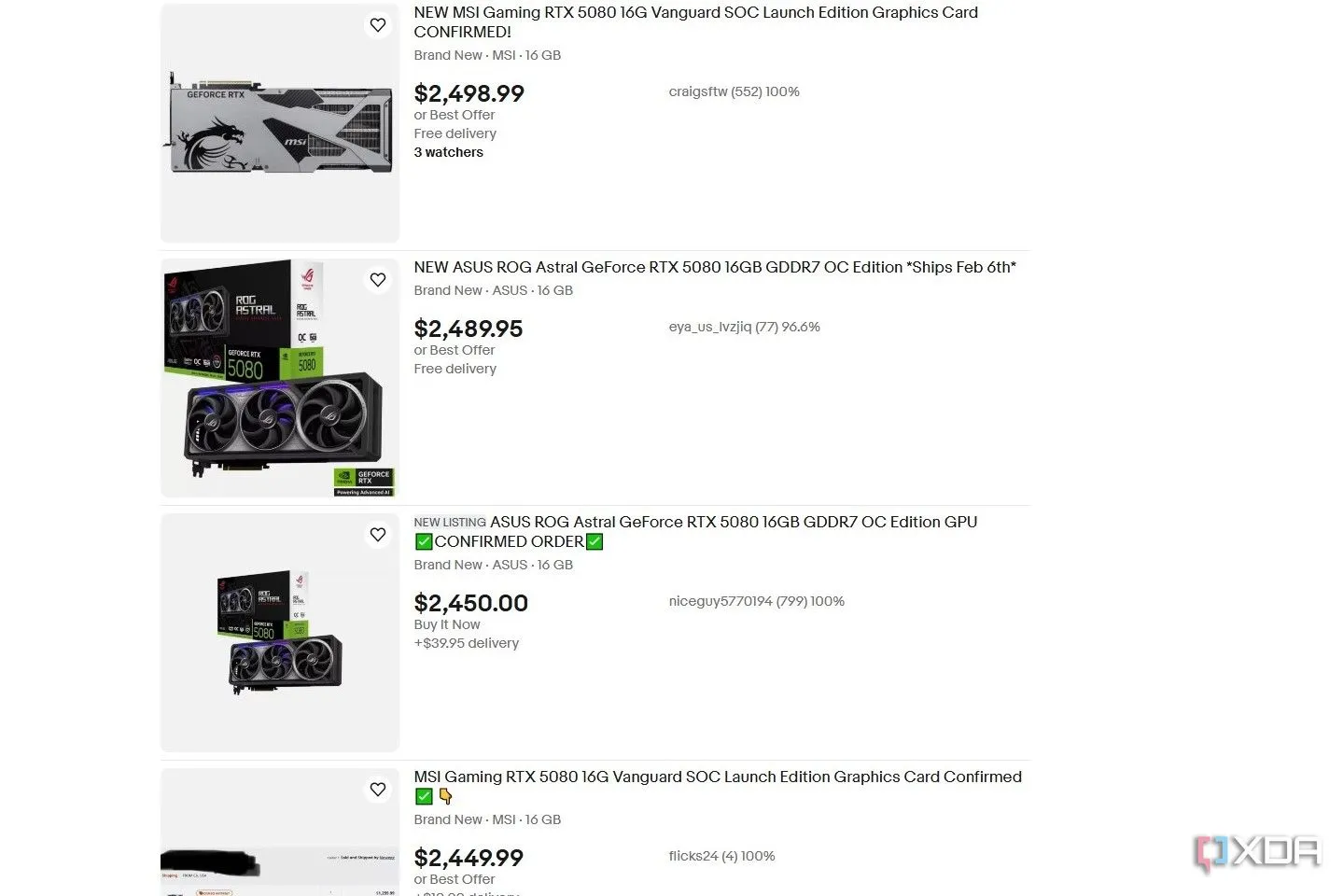 Các danh sách bán card đồ họa RTX 5080 trên eBay với giá cao ngất ngưởng từ scalper