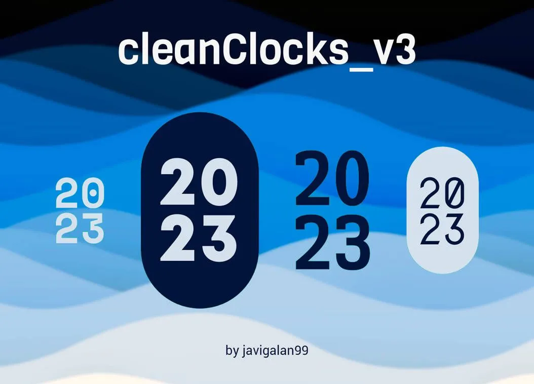 Các mẫu đồng hồ CleanClocks V3 Rainmeter skin với thiết kế tối giản, lấy cảm hứng từ Material Design, hiển thị trên nền xanh gợn sóng