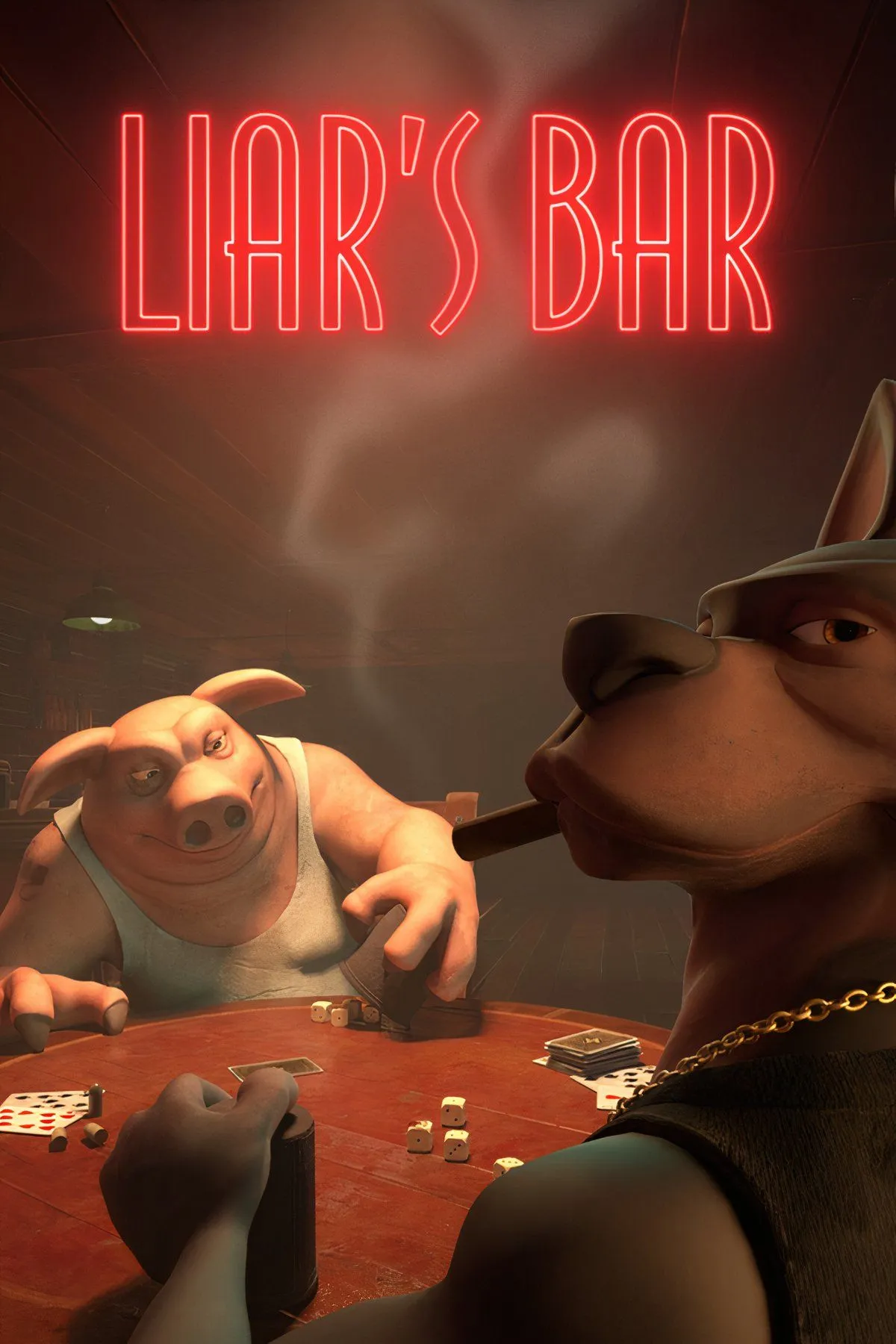 Các nhân vật hình người động vật đang chơi Liar's Dice trong một quán bar tối tăm, tạo không khí căng thẳng và lừa dối của Liar's Bar.