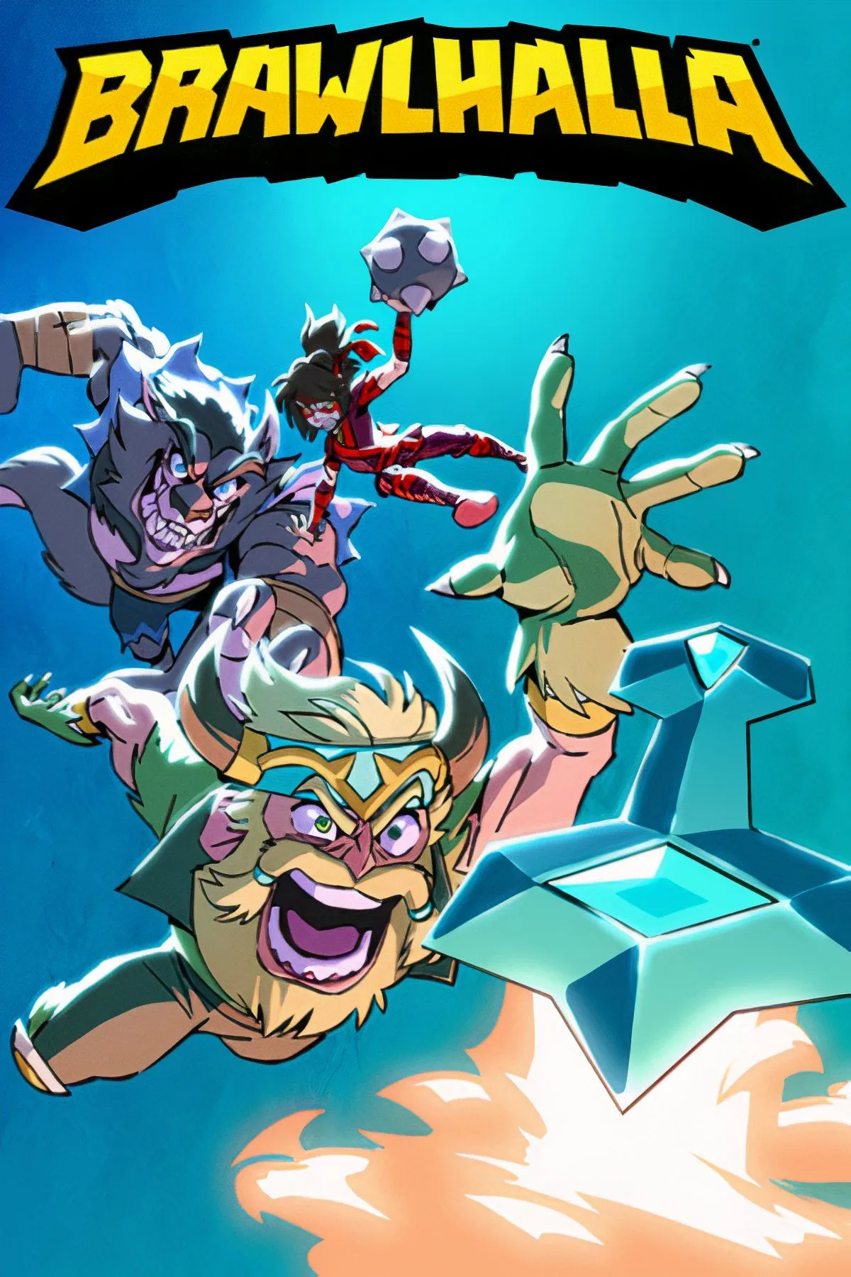Các nhân vật hoạt hình trong trò chơi đối kháng Brawlhalla đang thực hiện các đòn tấn công trên một nền tảng
