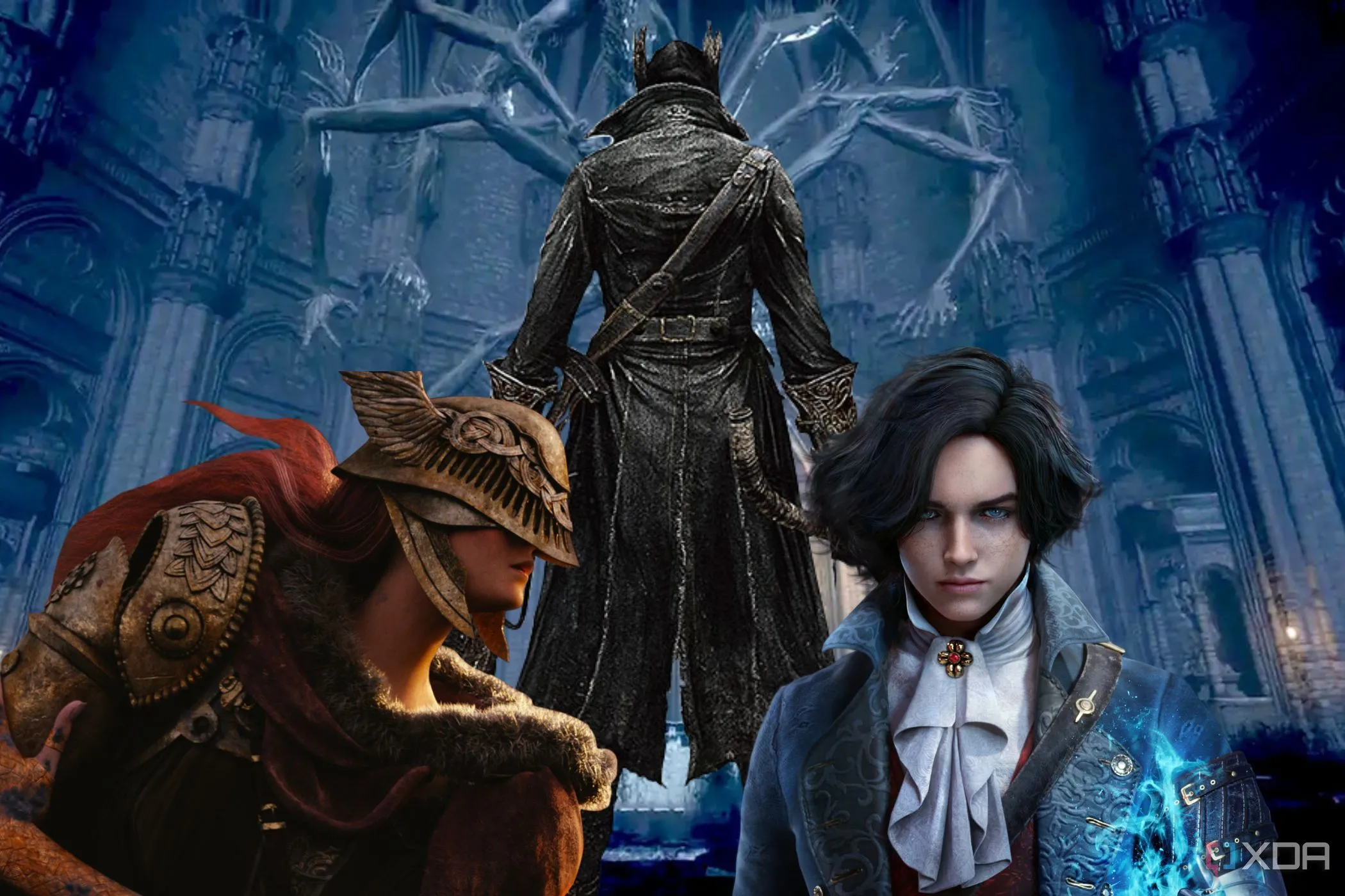 Các nhân vật nổi tiếng như Thợ săn Bloodborne, Pinocchio và Malenia từ Elden Ring tụ họp trong một nhà thờ, thể hiện sự đa dạng và chiều sâu của thế giới game FromSoftware.
