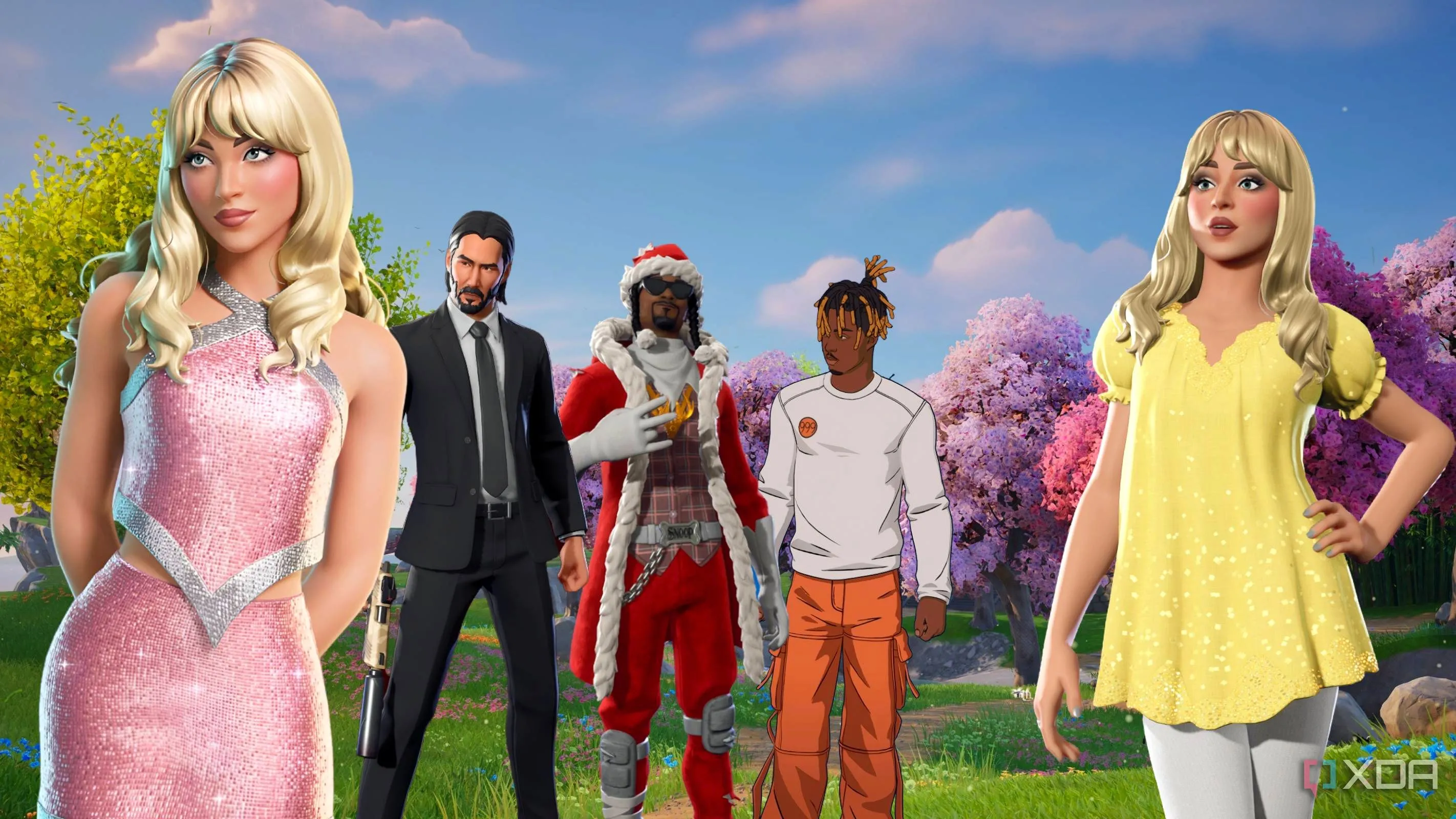 Các nhân vật nổi tiếng Sabrina Carpenter, Keanu Reeves, Snoop Dogg và Juice Wrld trong game Fortnite, thể hiện sự đa dạng của tựa game battle royale này.