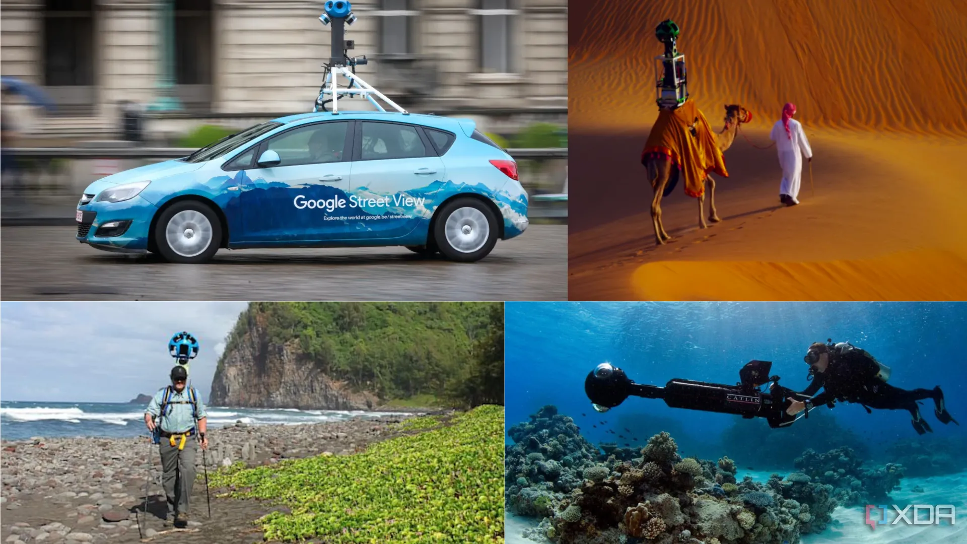 Các phương tiện và phương pháp độc đáo Google sử dụng để thu thập dữ liệu Street View cho Google Maps, bao gồm xe ô tô, ba lô camera, lạc đà và thuyền.