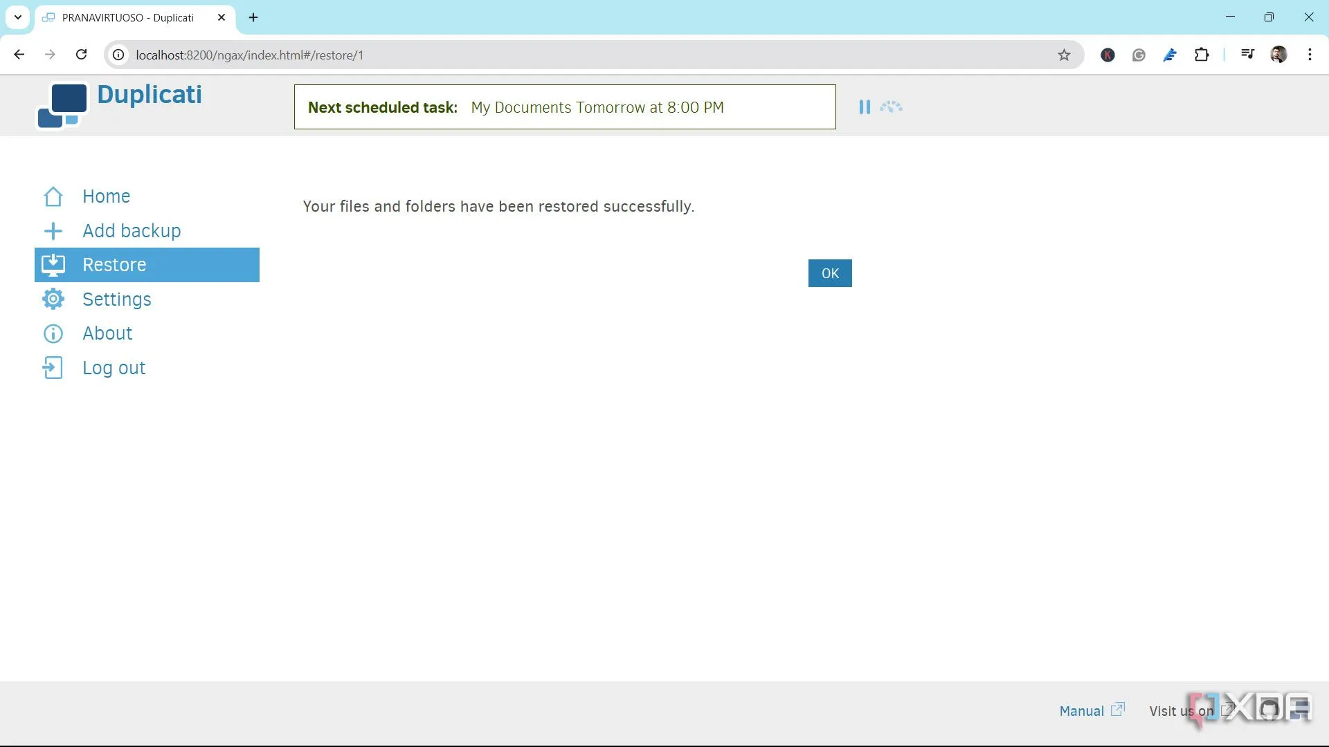 Các tệp được khôi phục thành công từ bản sao lưu Duplicati
