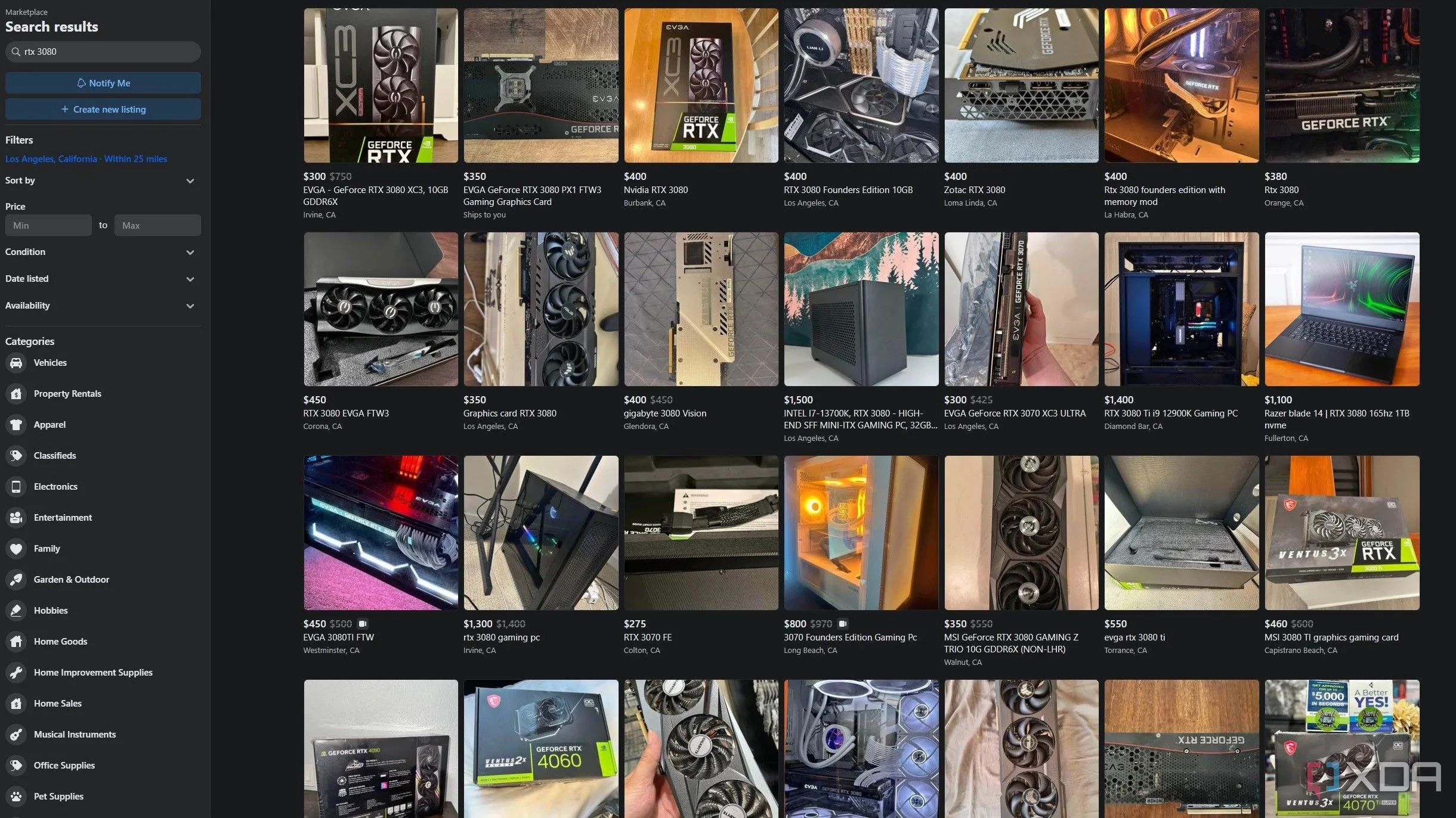 Các tin rao bán card đồ họa RTX 3080 trên Facebook Marketplace, minh họa sàn giao dịch linh kiện PC cũ không có chính sách bảo vệ người mua