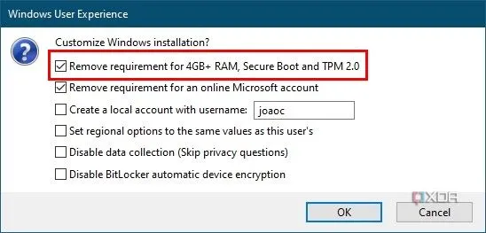 Các tùy chỉnh cài đặt trong Rufus, cho phép bỏ qua yêu cầu TPM 2.0, Secure Boot và RAM 4GB khi cài Windows 11