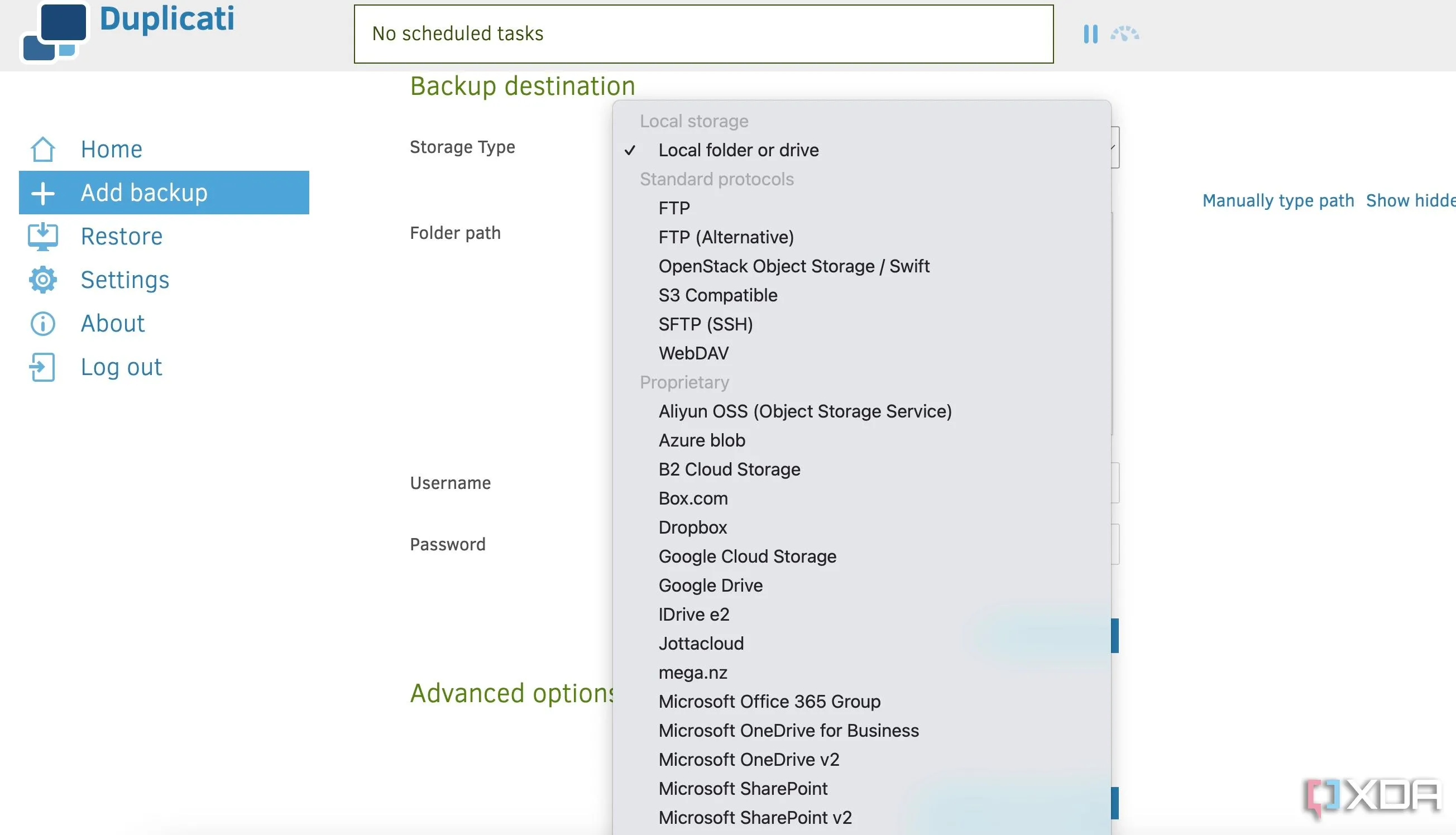 Các tùy chọn lưu trữ đám mây và giao thức khác nhau mà Duplicati hỗ trợ, bao gồm Google Drive, Backblaze B2, S3, WebDAV và SFTP