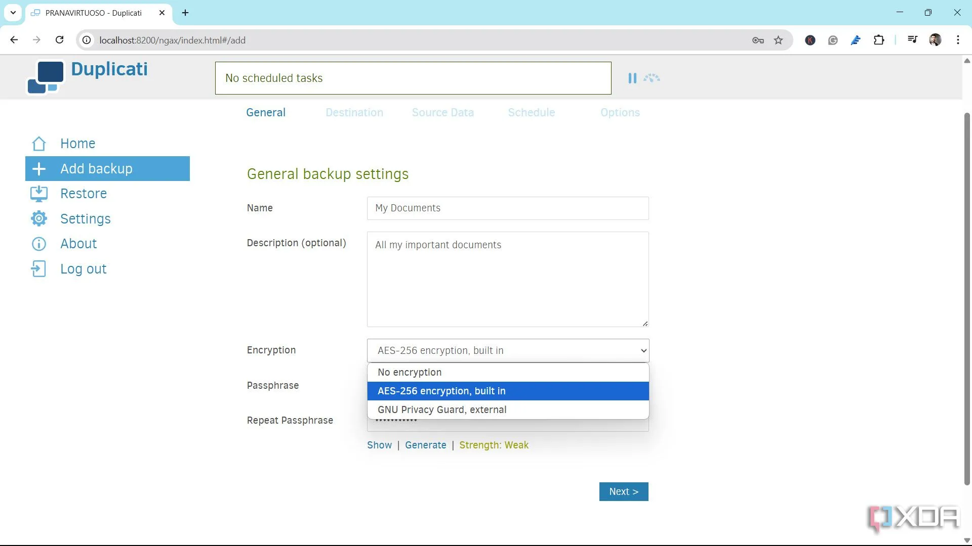 Các tùy chọn mã hóa của Duplicati