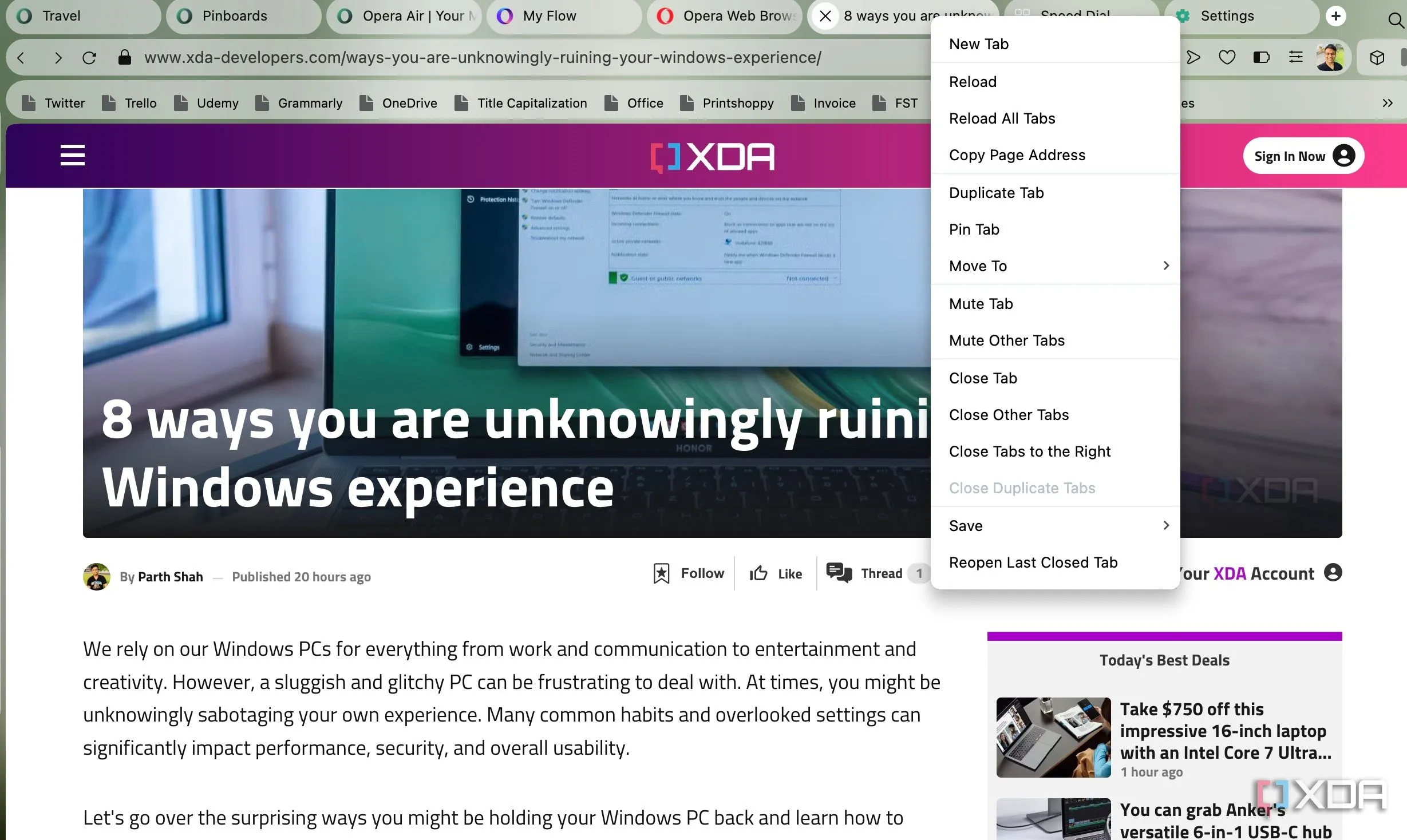 Cách Opera Air hiển thị các tab trình duyệt theo chiều ngang truyền thống, thiếu đi tính năng tab dọc tiện lợi cho màn hình siêu rộng.