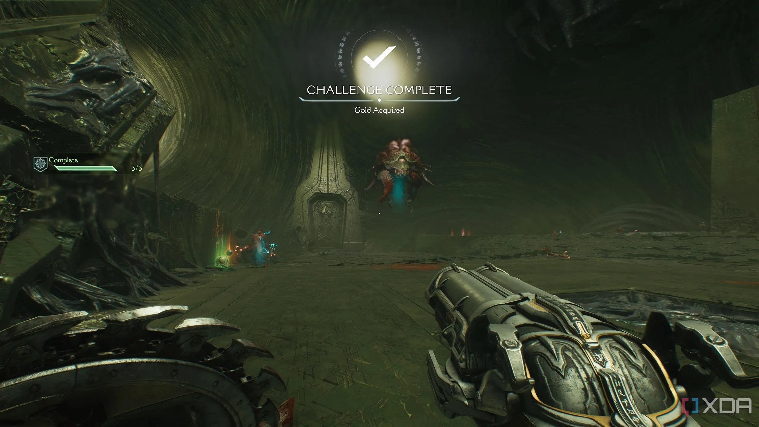 Cacodemon Lai trong Chapter 15 Doom The Dark Ages, cần đỡ đòn để hoàn thành thử thách &quot;Heads-Up&quot;.