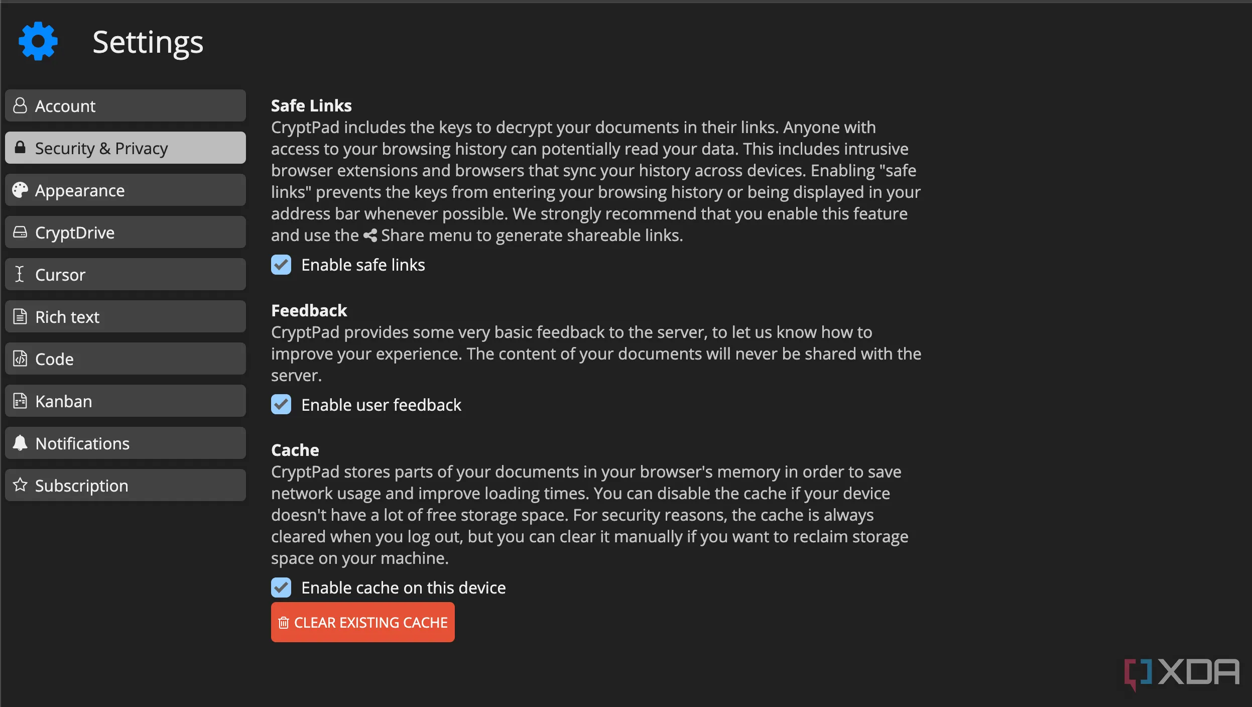 Cài đặt bảo mật của CryptPad với mã hóa đầu cuối