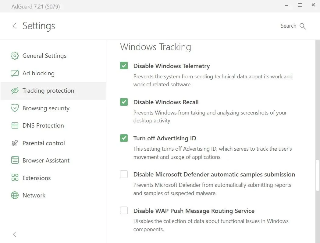 Cài đặt Bảo vệ Theo dõi của AdGuard trên Windows hiển thị tùy chọn vô hiệu hóa Recall đã được kích hoạt