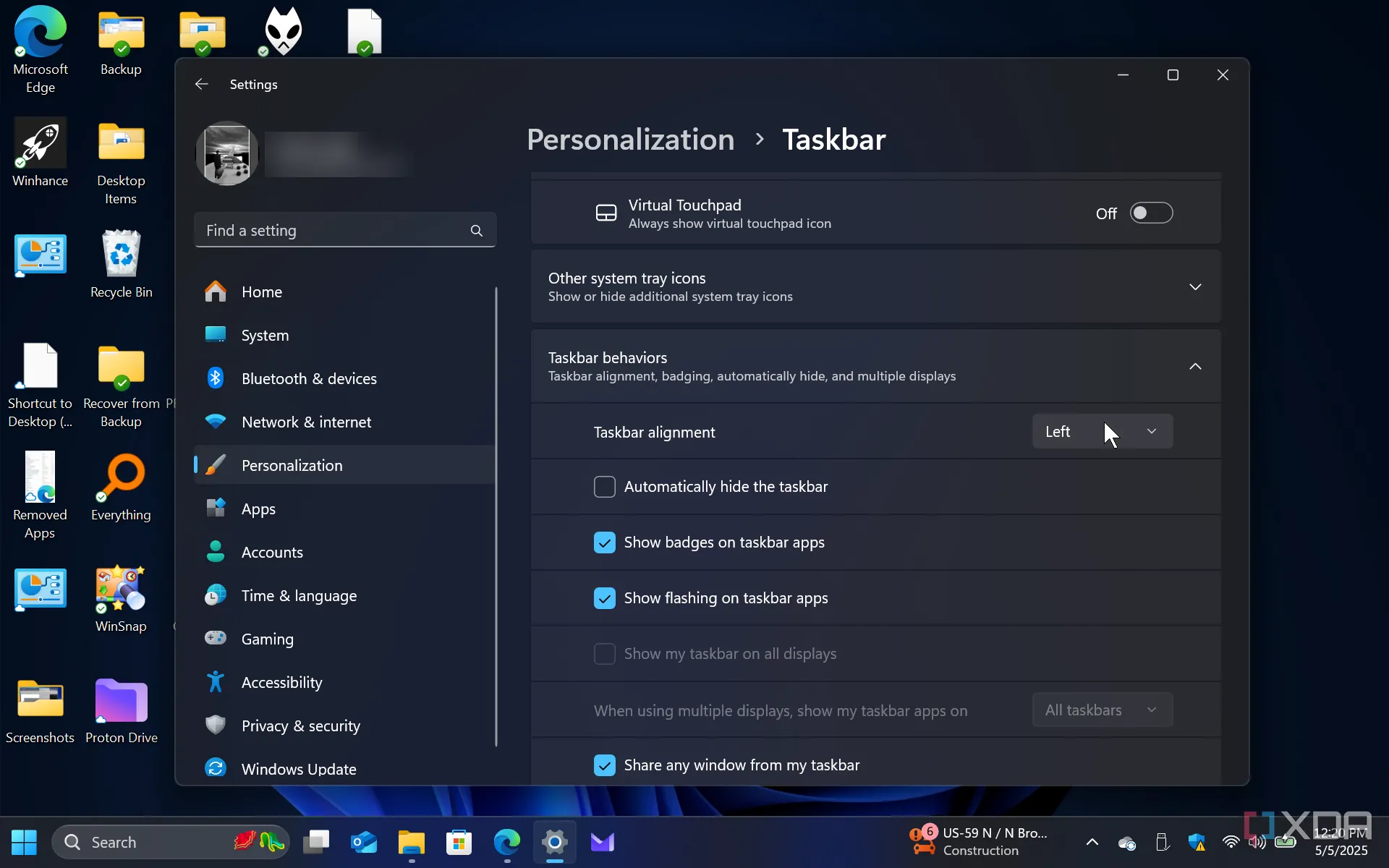 Cài đặt căn chỉnh thanh tác vụ trong Windows 11 để di chuyển nút Start về bên trái
