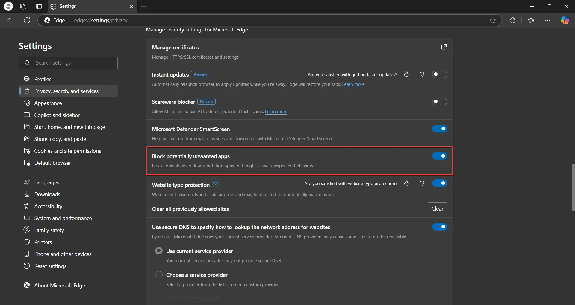 Cài đặt chặn ứng dụng không mong muốn trong trình duyệt Microsoft Edge