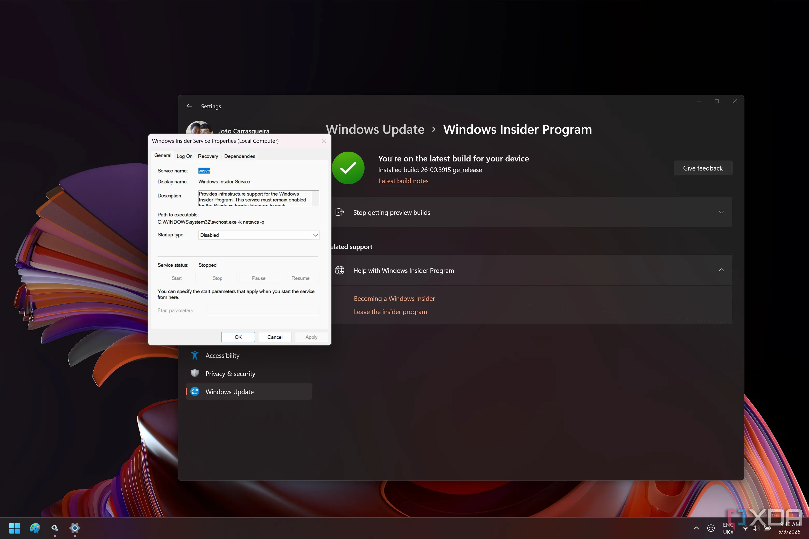 Cài đặt chương trình Windows Insider trên Windows 11 hiển thị trạng thái dịch vụ Windows Insider đã tắt