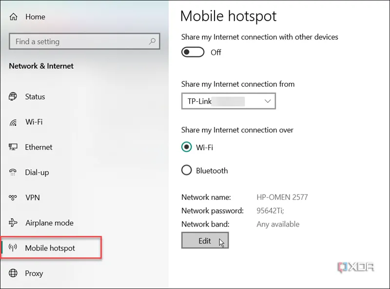 Cài đặt Điểm truy cập di động trong &quot;Mạng &amp; Internet&quot; trên Windows 10