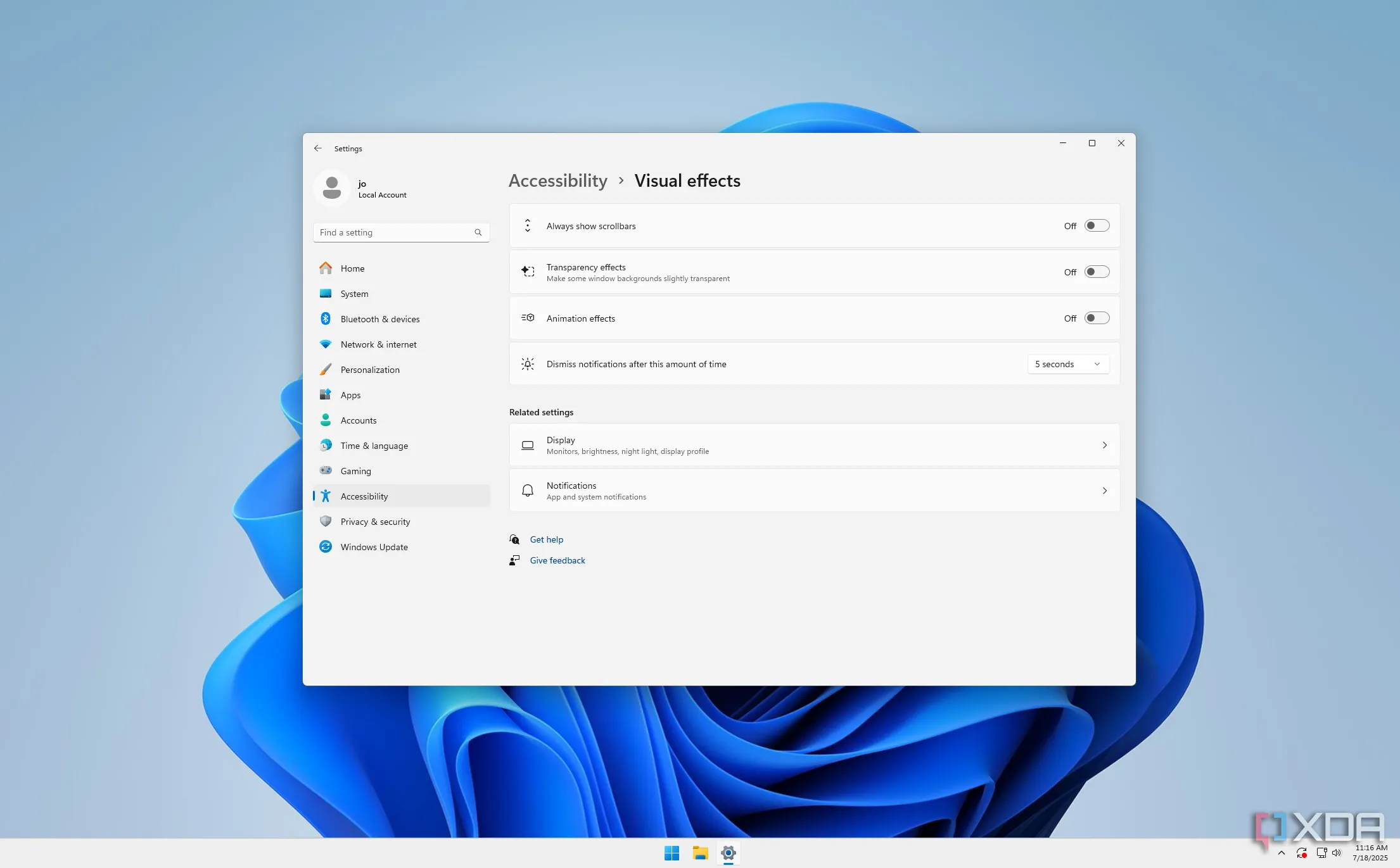 Cài đặt hiệu ứng hình ảnh trong suốt và hoạt ảnh đã tắt trên Windows 11