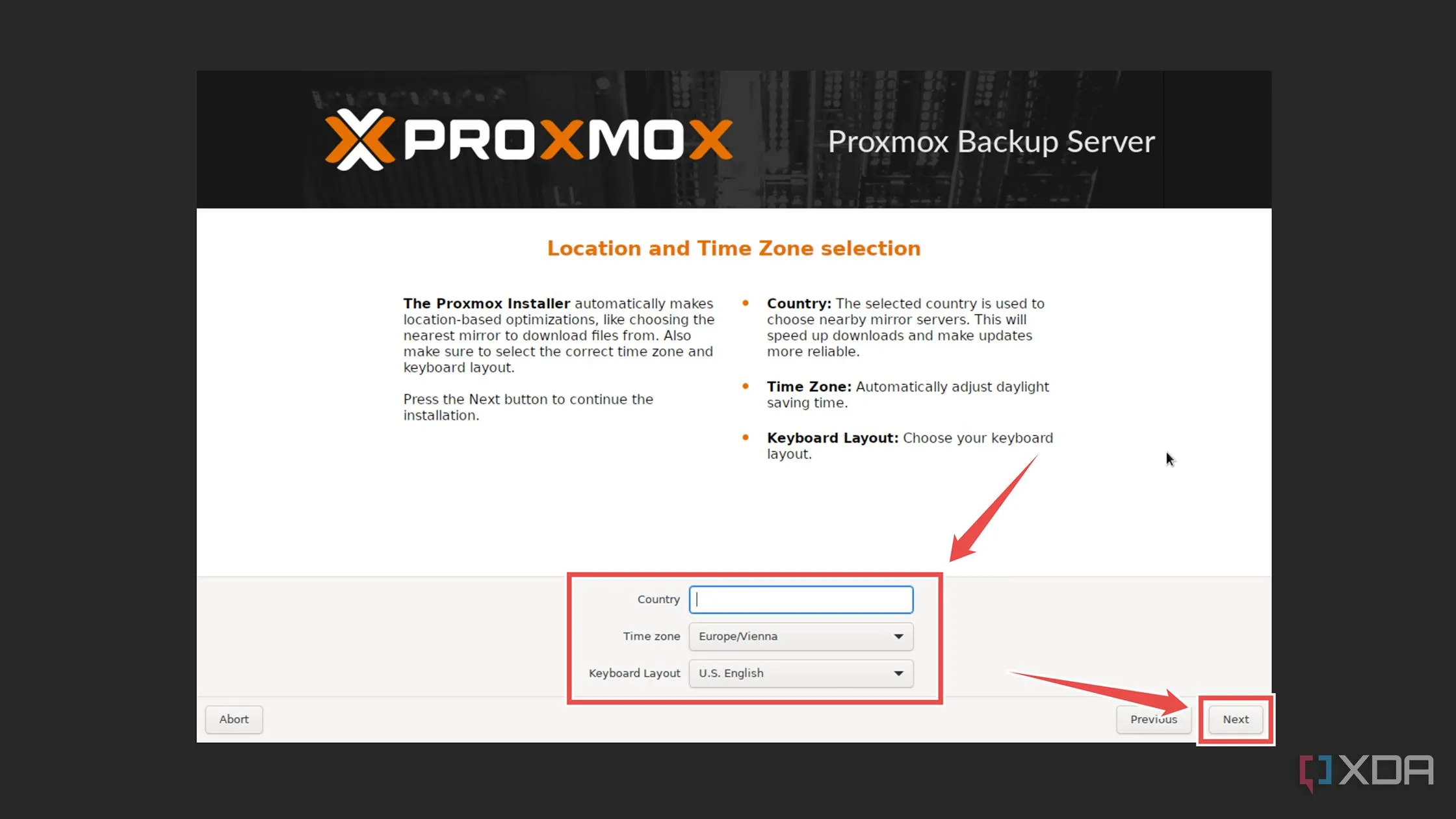 Cài đặt khu vực, múi giờ và bố cục bàn phím trong quá trình cài đặt Proxmox Backup Server