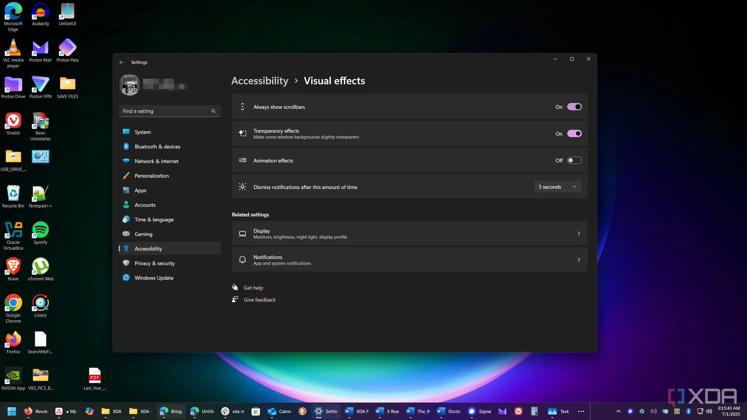 Cài đặt 'Luôn hiển thị thanh cuộn' trong mục Hiệu ứng hình ảnh của Windows 11