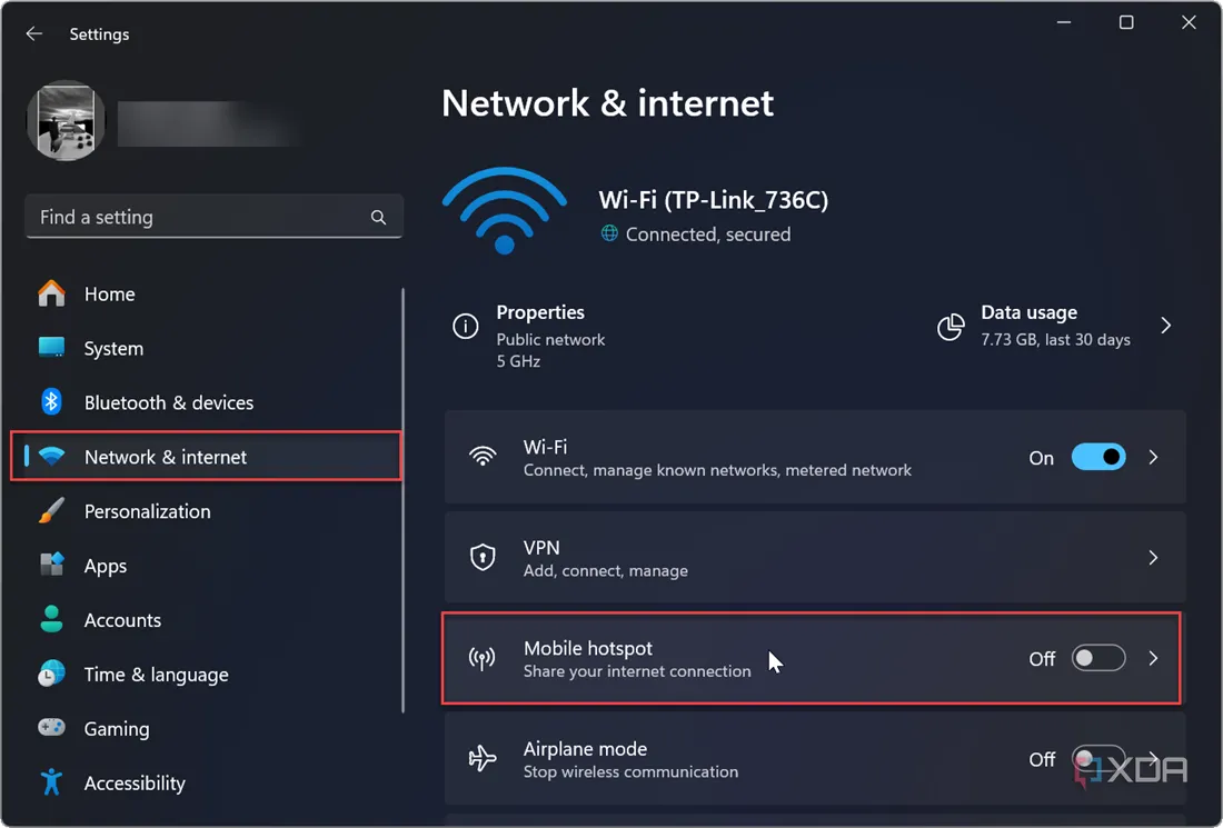 Cài đặt Mạng &amp; Internet trên Windows 11, hiển thị tùy chọn &quot;Điểm truy cập di động&quot;